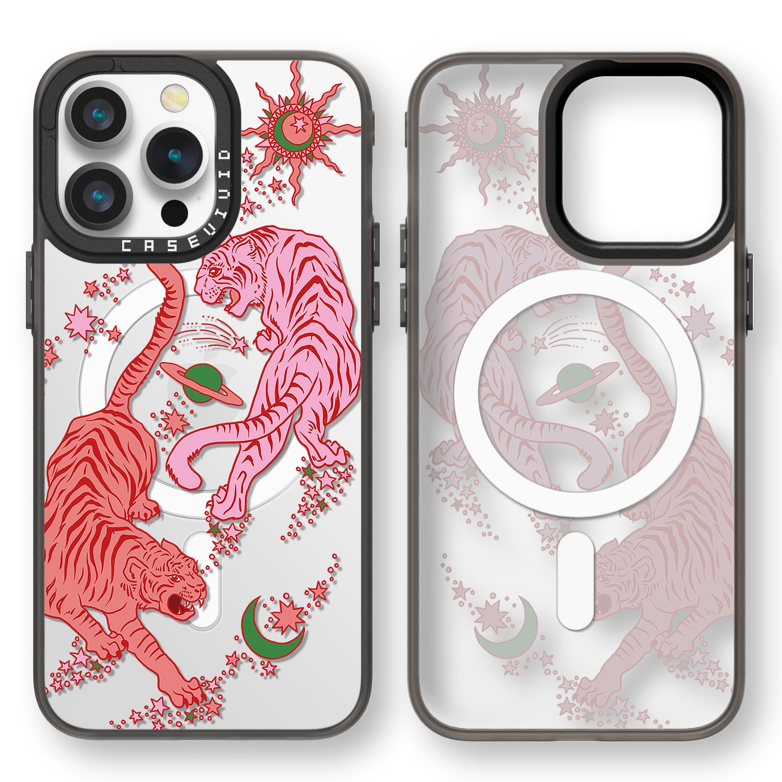 Funda magnética para iPhone 14 Pro Max Magsafe bonita estética, funda de teléfono de carga inalámbrica negra con correa para la muñeca, diseño de estampado de tigre femenino para mujer y