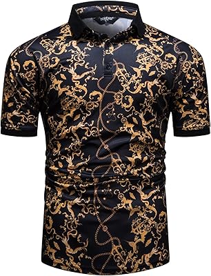 fohemr Mens Luxury Polo Shirts Black Gold Short Sleeve Baroque Chain Print Casual Wicking Golf Flower T-Shirt
