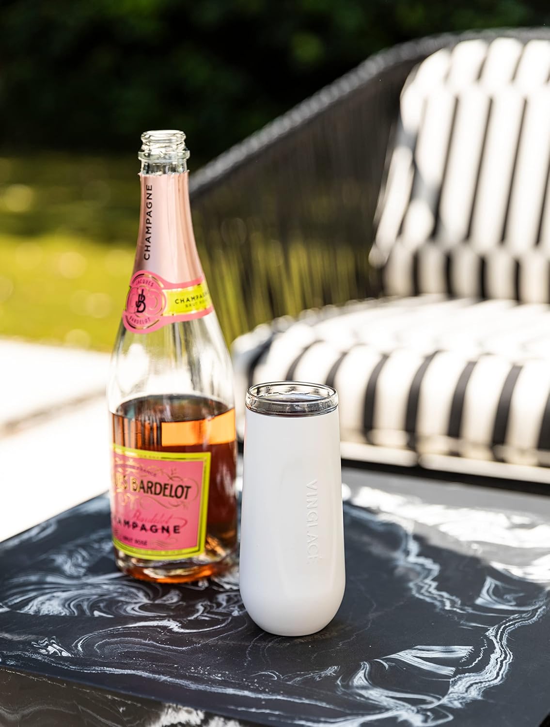 Vinglacé Champagne Bottle Chiller Gift Set- Portable Stainless Steel Sparkling Wine Cooler with 2 Stemless Champagne Flutes, White