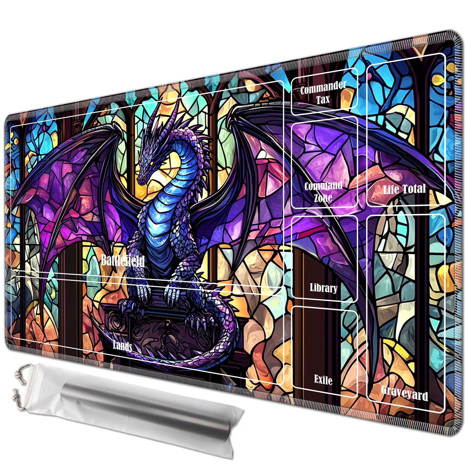 JANENFNA Playmat 24" x 14" with Magic Zones for MTG Card Game Playing, Board Game Mat for Card Breaking Commander Deck Gaming Card Game Battles Mat with Storage Bags, Purple Dragon โ image 1