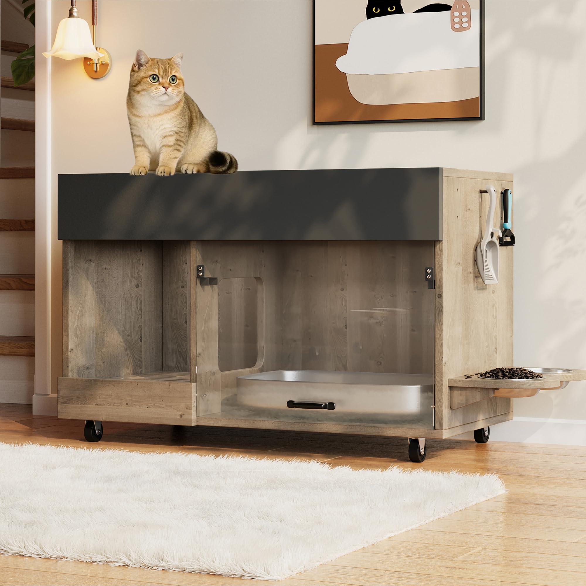 REXO Lettiera mobile per gatti con piatto per cibo per gatti, vassoio di raccolta della sabbia, piastra forata con gancio, senza lettiera per gatti, 100 × 45,5 × 67 cm, grigio antico e marrone, colore