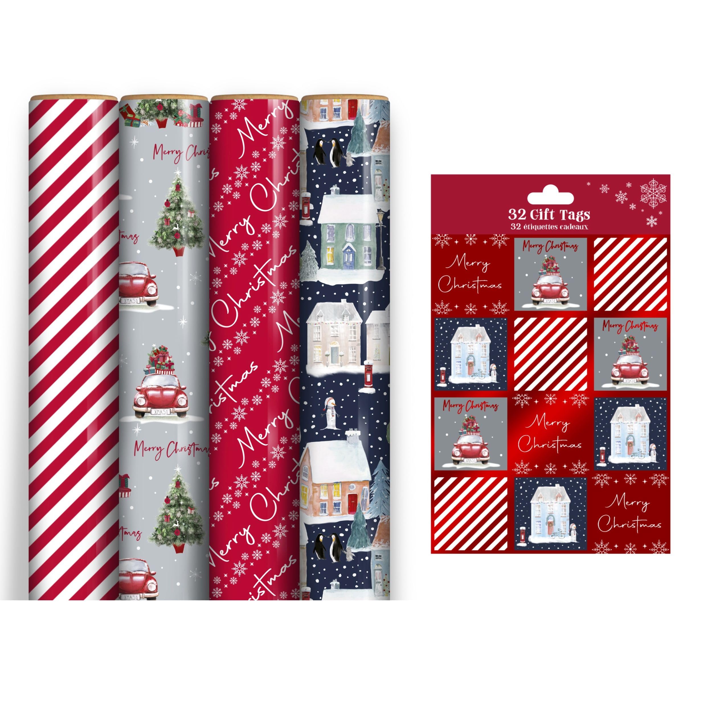 4 x 7M Rolls Of Christmas Wrapping Paper - Contemporary Designs - Festive Wrap - Silver Tree Car, Red Snowflake, Night Blue Snowy House, Red & White Stripe - Complete With 32 Matching Gift Tags