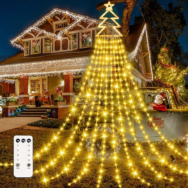 Christmas Lights Outdoor, RJEDL 3.8m 420 LED Christmas Tree Lights with 19in Topper Star, 8 Modes Timer Waterfall Christmas Fairy Lights for Xmas Tree Garden Wall Indoor Outdoor Decoration(Warm white)