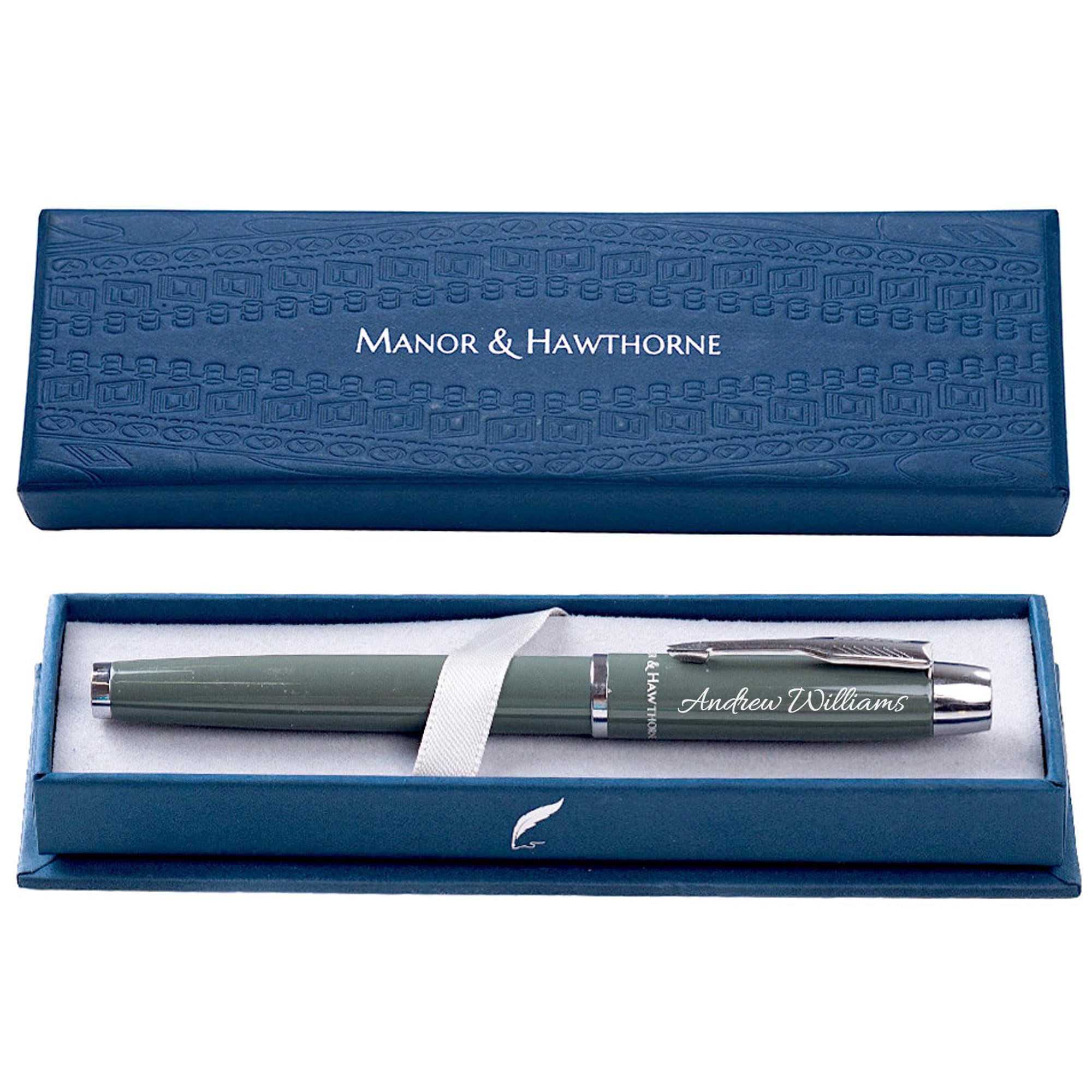 Manor & Hawthorne Personalised Luxury Black Rollerball Pen – Engraved Gift with Elegant Presentation Box, Ideal for Corporate Gifts, Birthdays, and Anniversaries (Sage Green (Personalised))
