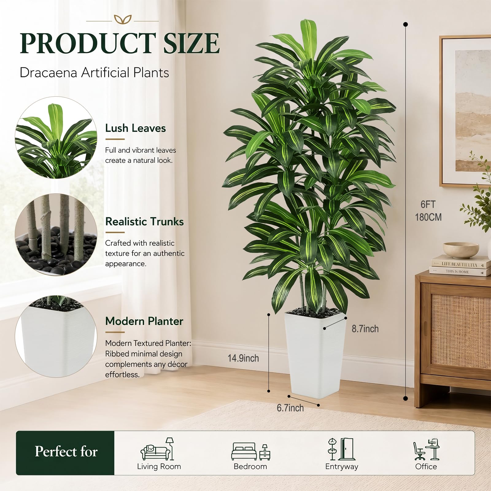 Künstliche Drachenbaum Pflanzen 180cm, Dracaena Kunstpflanzen Groß wie echt | Kunstbaum mit 120 Blätter, Weißer Topf mit Kieselsteine, Fake Pflanzen für Wohnzimmer Schlafzimmer Büro Balkon Indoor Deko