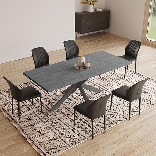 Miniatura 33 de ZckyCine Juego de mesa de comedor extensible de 6 piezas, moderna mesa de madera gris de 63 a 79 pulgadas con 6 sillas de tela gris, mesa de comedor