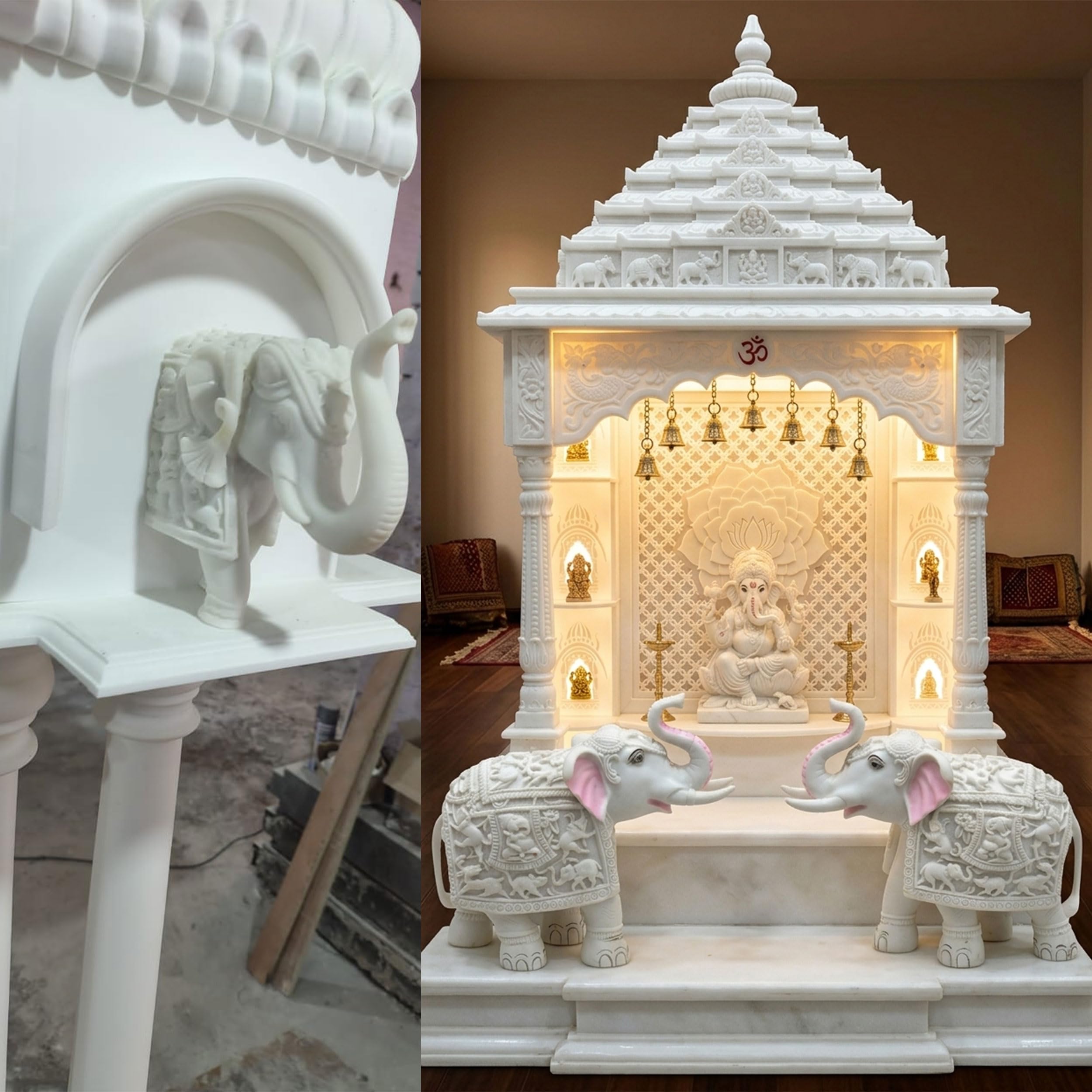 Heavy White Elephant Pair for Mandir Base & Home Temple Decor | 8x9 inch Solid Marble Dust Resin Elephant Statues for Corian Mandir Entrance | Vastu Showpiece Set for Living Room — photo — 5 of 7