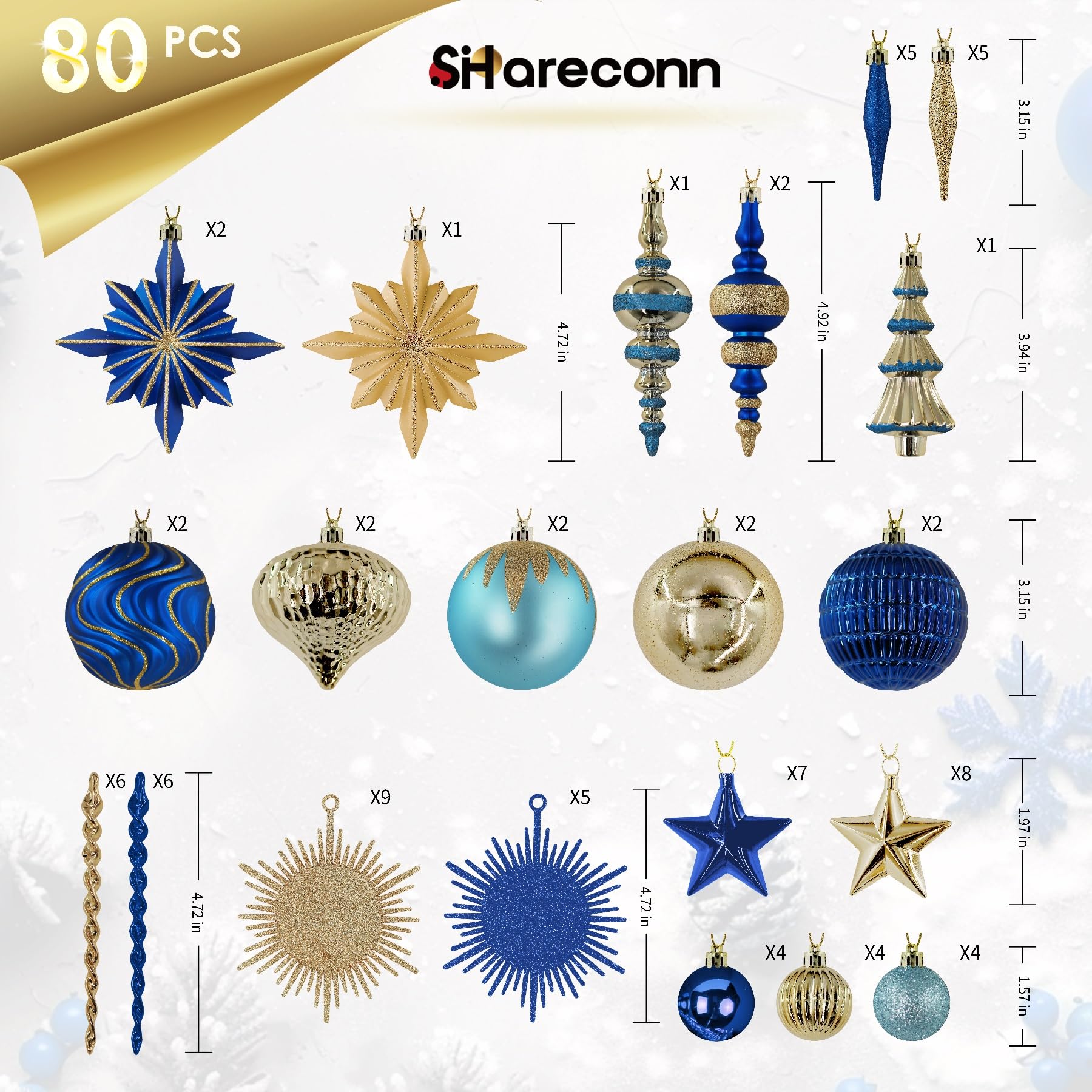 SHareconn Bolas de Navidad, 80 Unidades, 4-12,5 cm, Bolas Doradas de plástico irrompible para Adornos para árboles de Navidad, Decoraciones para Fiestas, con cordón para Colgar, Azul Dorado