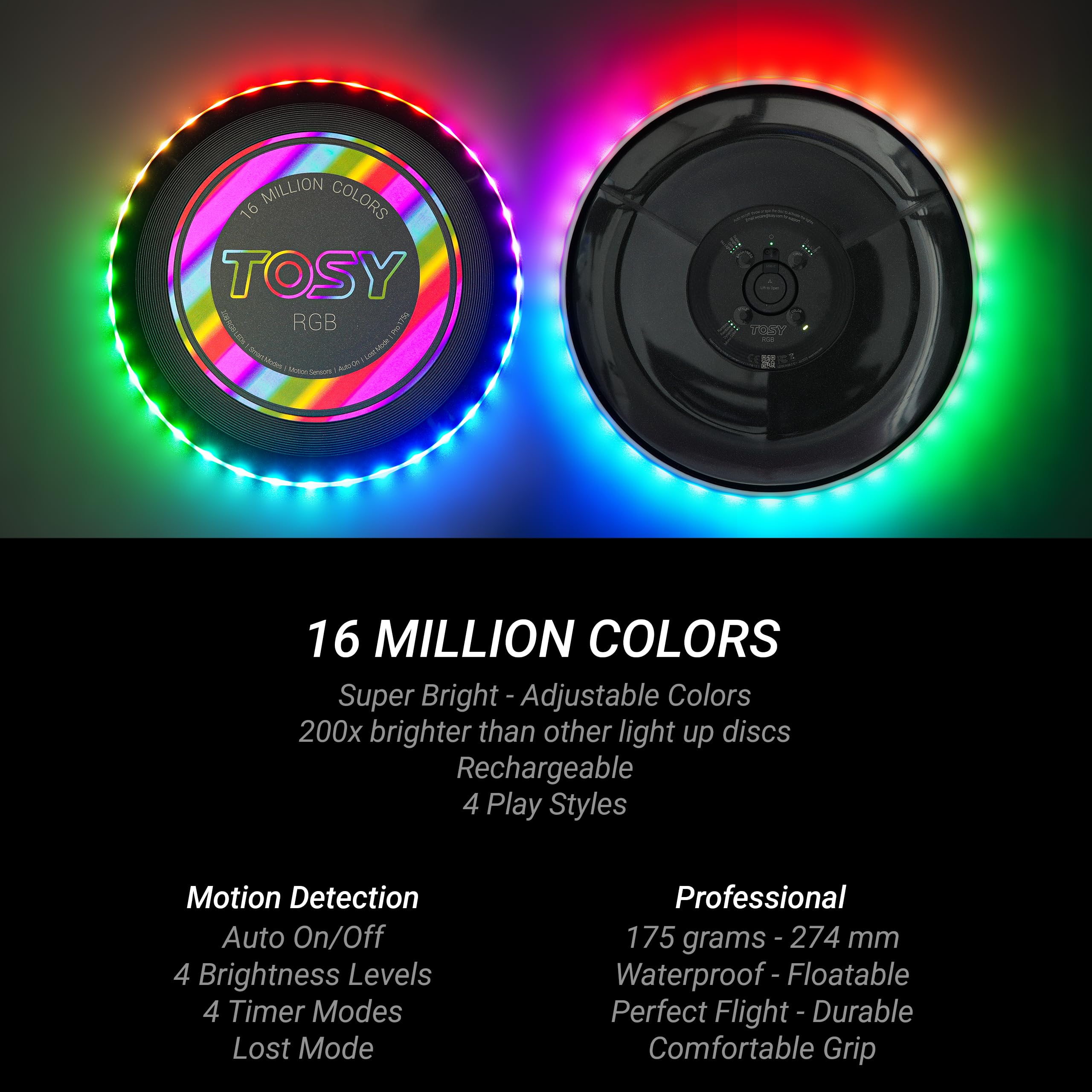 TOSY Flying Disc - 108 RGB Multicolor or 36 Monocolor LEDs, Super Bright, Smart Modes, Easter Basket Stuffers Gift, Camping Toy for Kid/Teen/Adult, Auto Light Up, Rechargeable, Waterproof, 175g