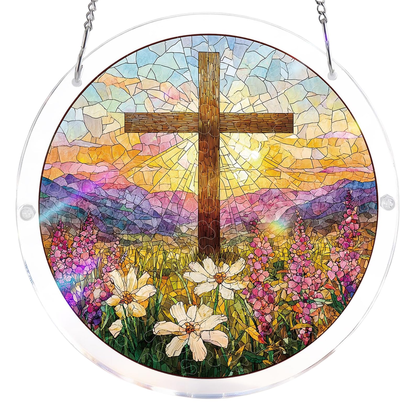 Introti Aesthetic Acrylic Suncatcher Puzzle Window Sun Catchers Stained Glass Window Hanging Home Garden Art Gift for Housewarming (Cross)
