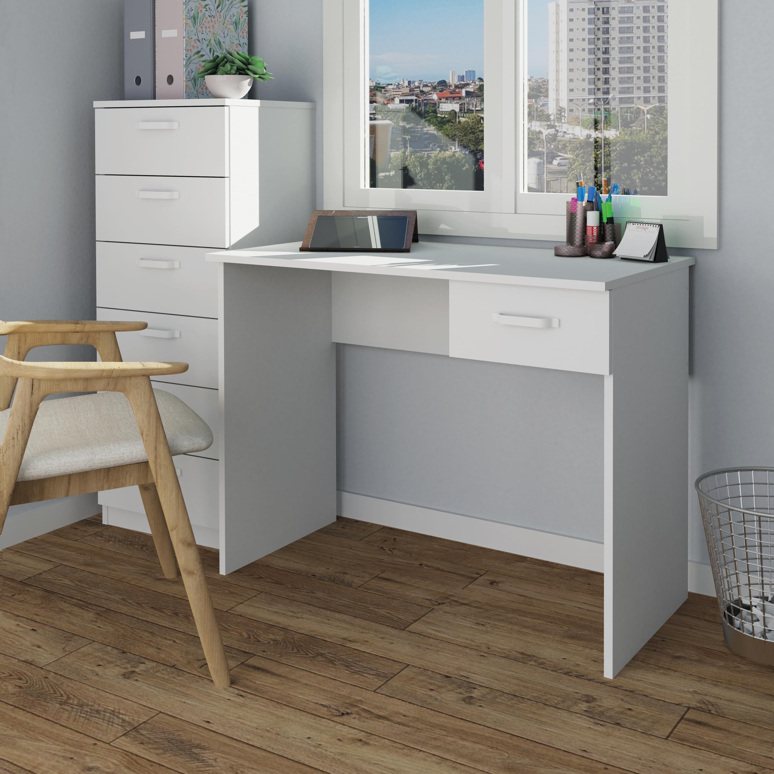 briebe Mesa Escritorio Ordenador Pequeña 75x90x50cm (Alto x Ancho x Profundo), 1 Cajón Almacenamiento, Oficina, Habitación Juvenil, Desk, Tocador, Prakt Blanco