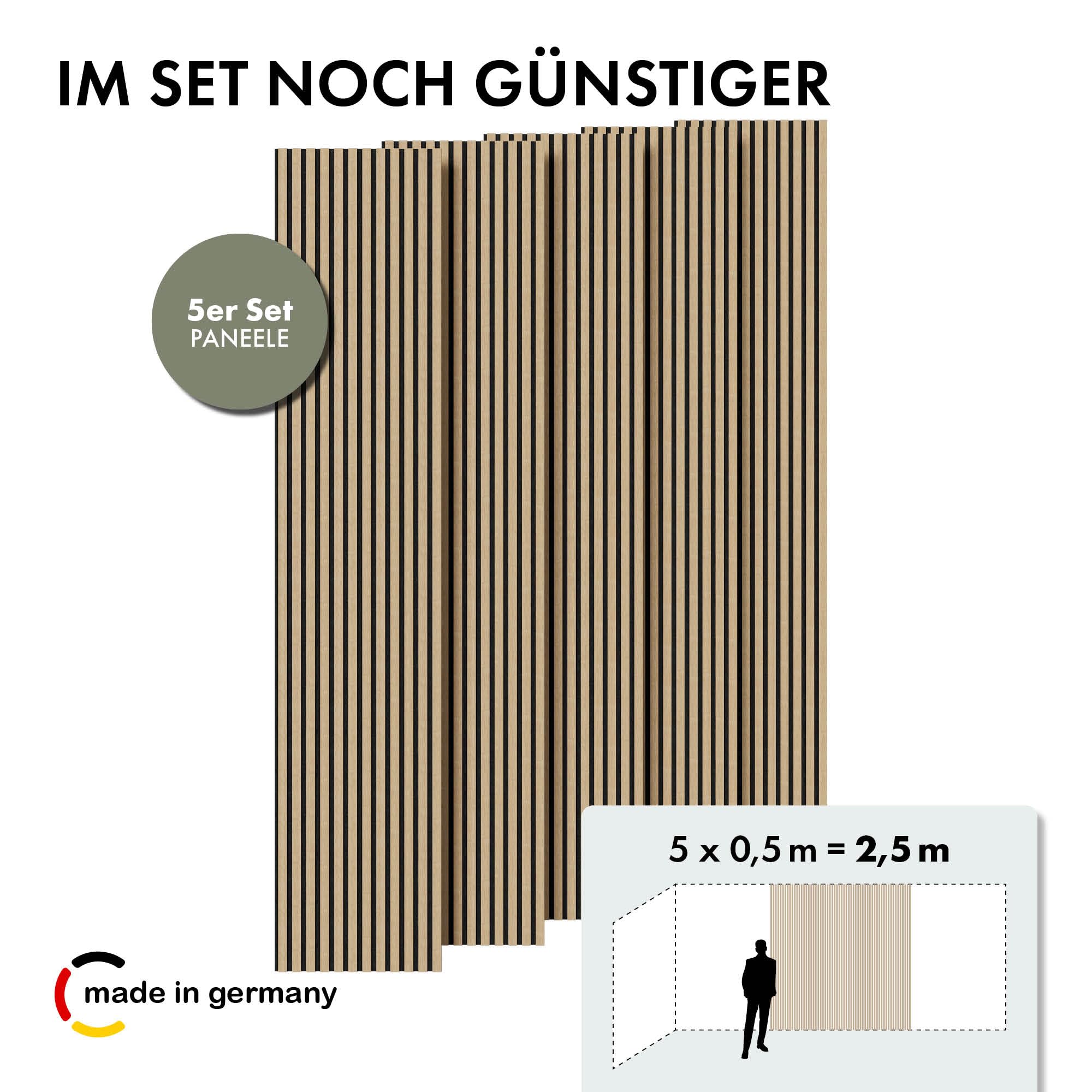Momento Akustikpaneele Holz 240x50 cm - Made in Germany - Eiche Natur - Wandverkleidung Innen Wandpaneele Holzoptik - 3D Lamellenwand Paneele - Akustik Holzpaneele Wand Holzverkleidung Panel