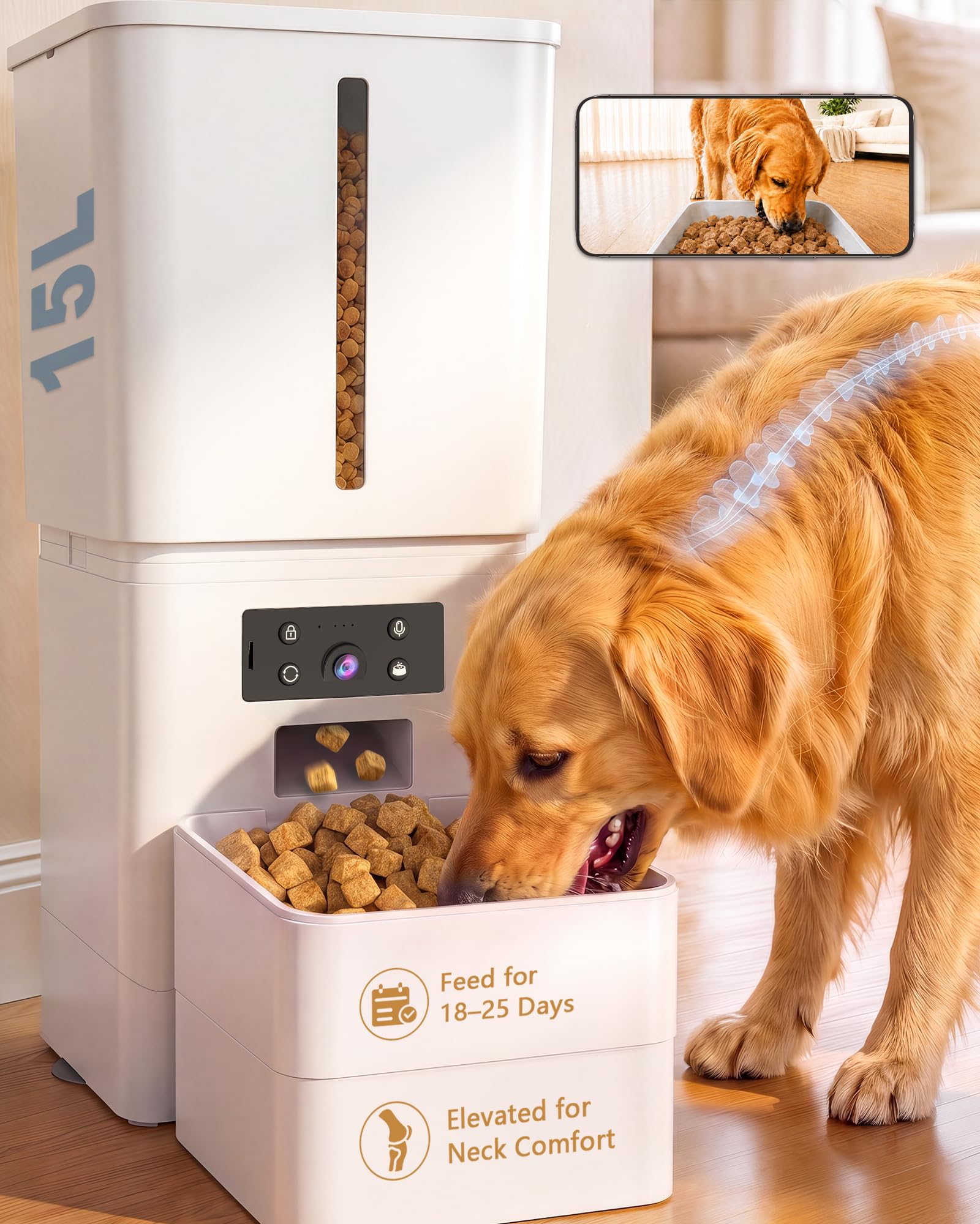 Comedero automático para perros de raza grande: capacidad de 15 L/63 tazas para croquetas de hasta 22 mm, alimentador lento antiobstrucciones con soporte elevado, con cámara HD con WiFi y fácil