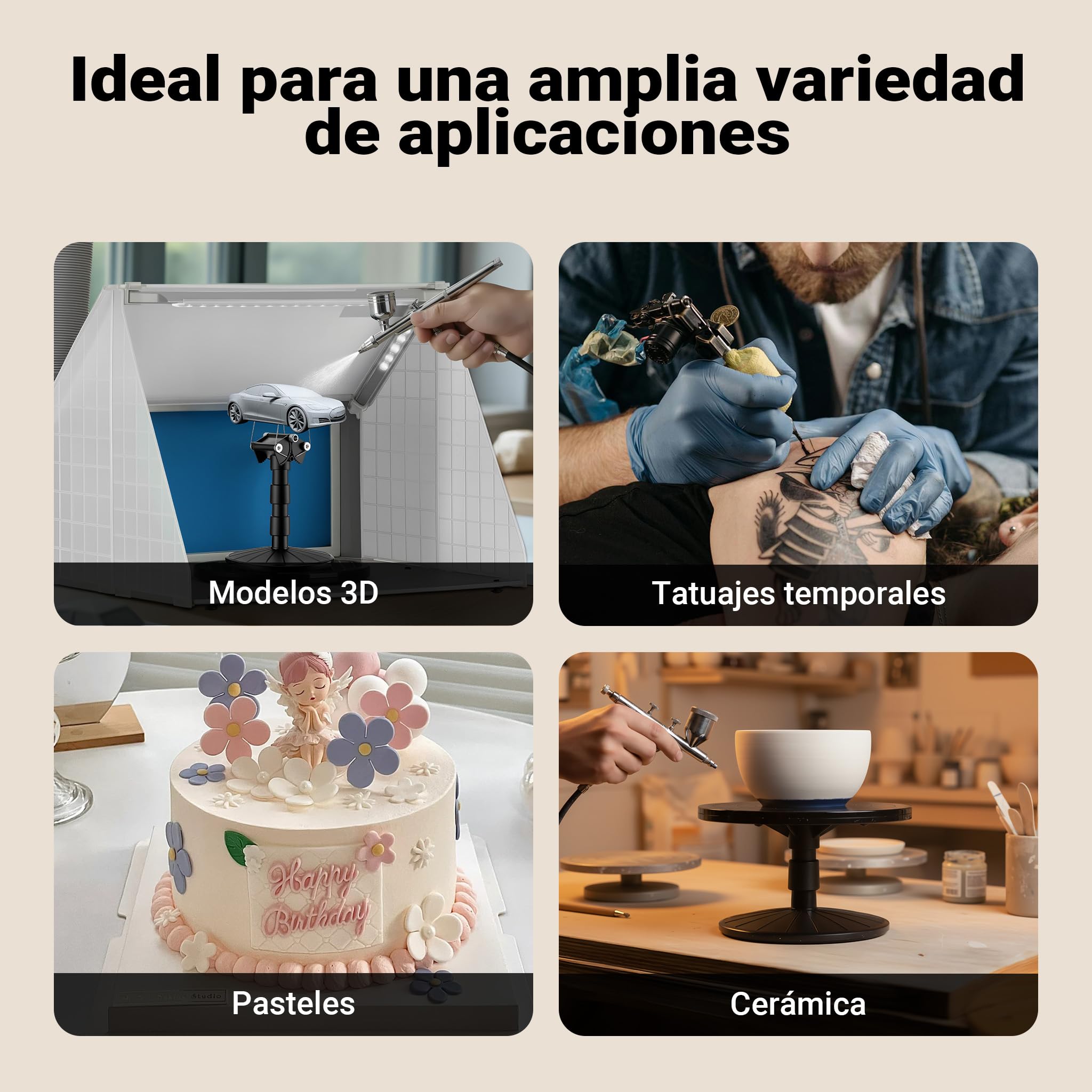 Wiltec Compresor para aerógrafo AS18TB 1/6 CV, compresor de aire comprimido con caudal de 20-23 l/min, para pistola aerográfica con 2 salidas y manómetro, diseño con pistola de aerografía