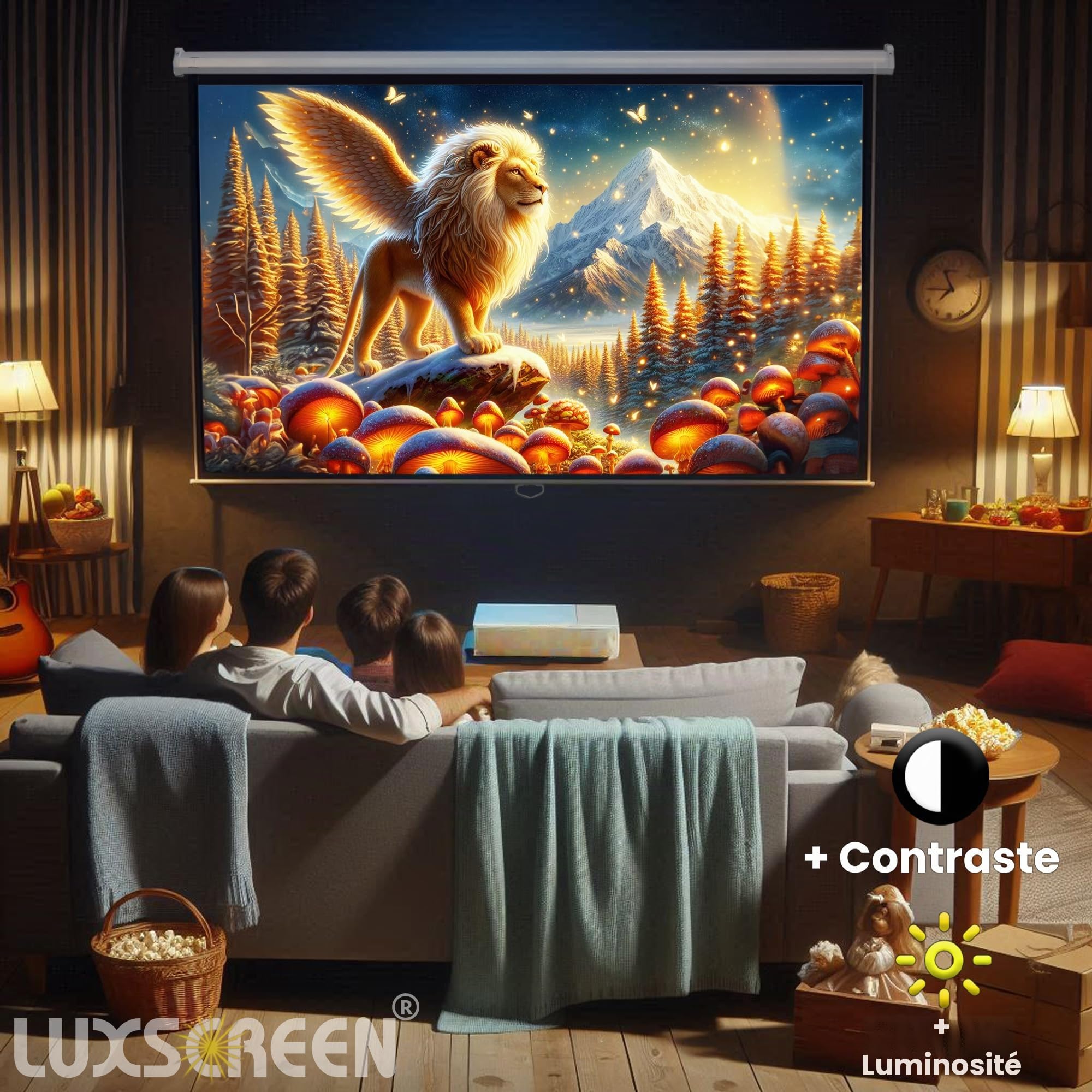 Écran de projection 72" 140 x 105 cm - Surface blanche mate avec un facteur de gain de 1,1 - Bord noir sur tout le pourtour et l'arrière du tissu noir - Home cinéma