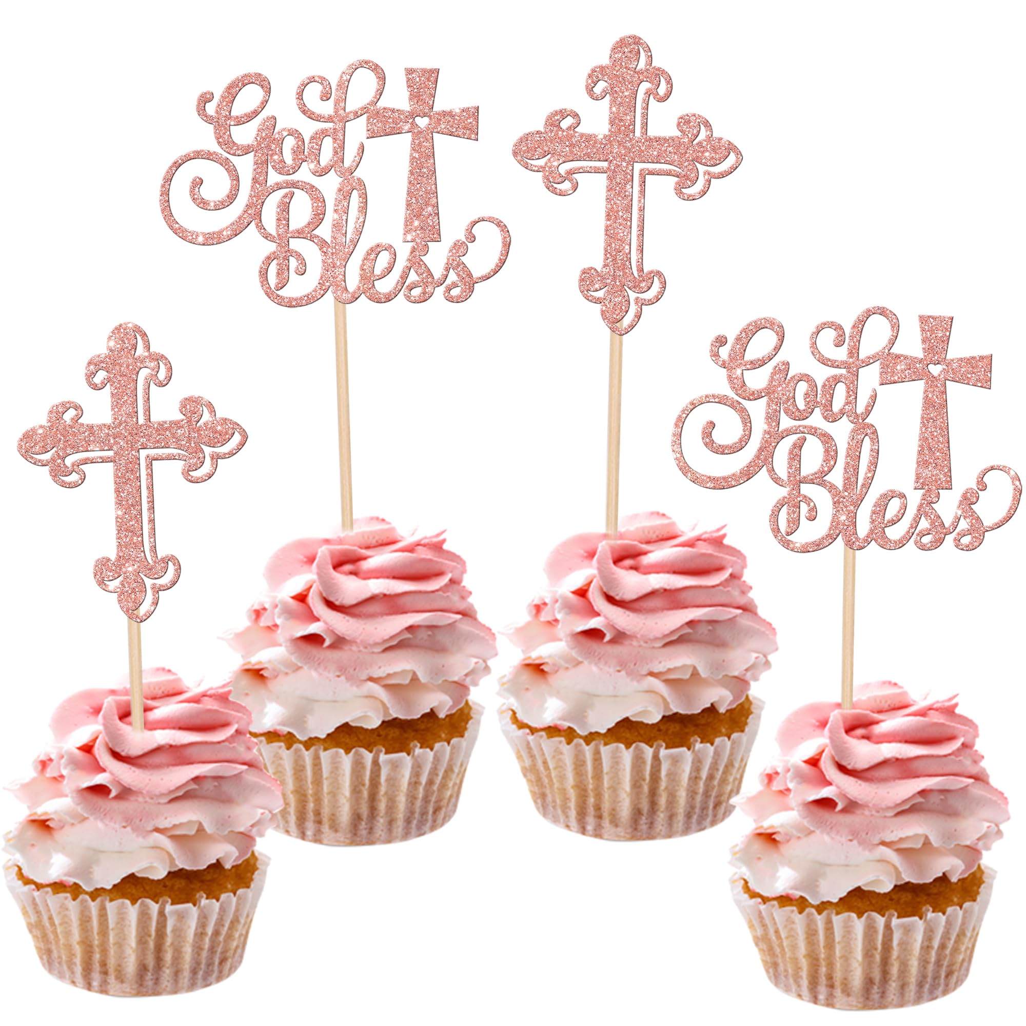 Xsstarmi 24 Pack God Bless Cupcake Toppers Glitter Cross Baby Baptism Cupcake Picks for First Communion Baby Shower Birthday Party Cake Decorations Supplies Rose Gold