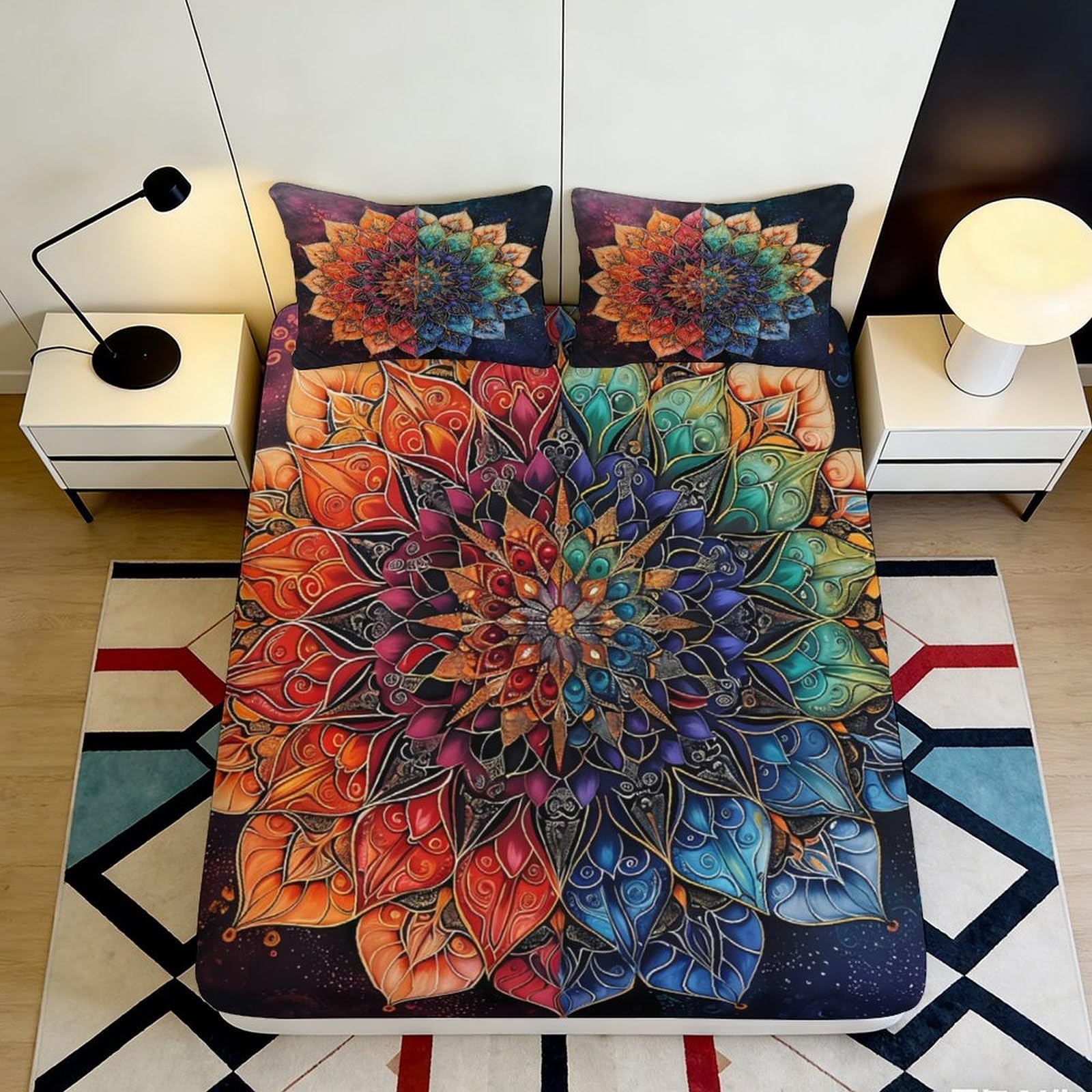 Pnayamiorkfel Style-9 3D Printed Mandala Flower Fitted Sheet Microfiber Multicolour Boho Mattress Cover Anti-Slip For Bedroom Guestroom 90X200x25cm