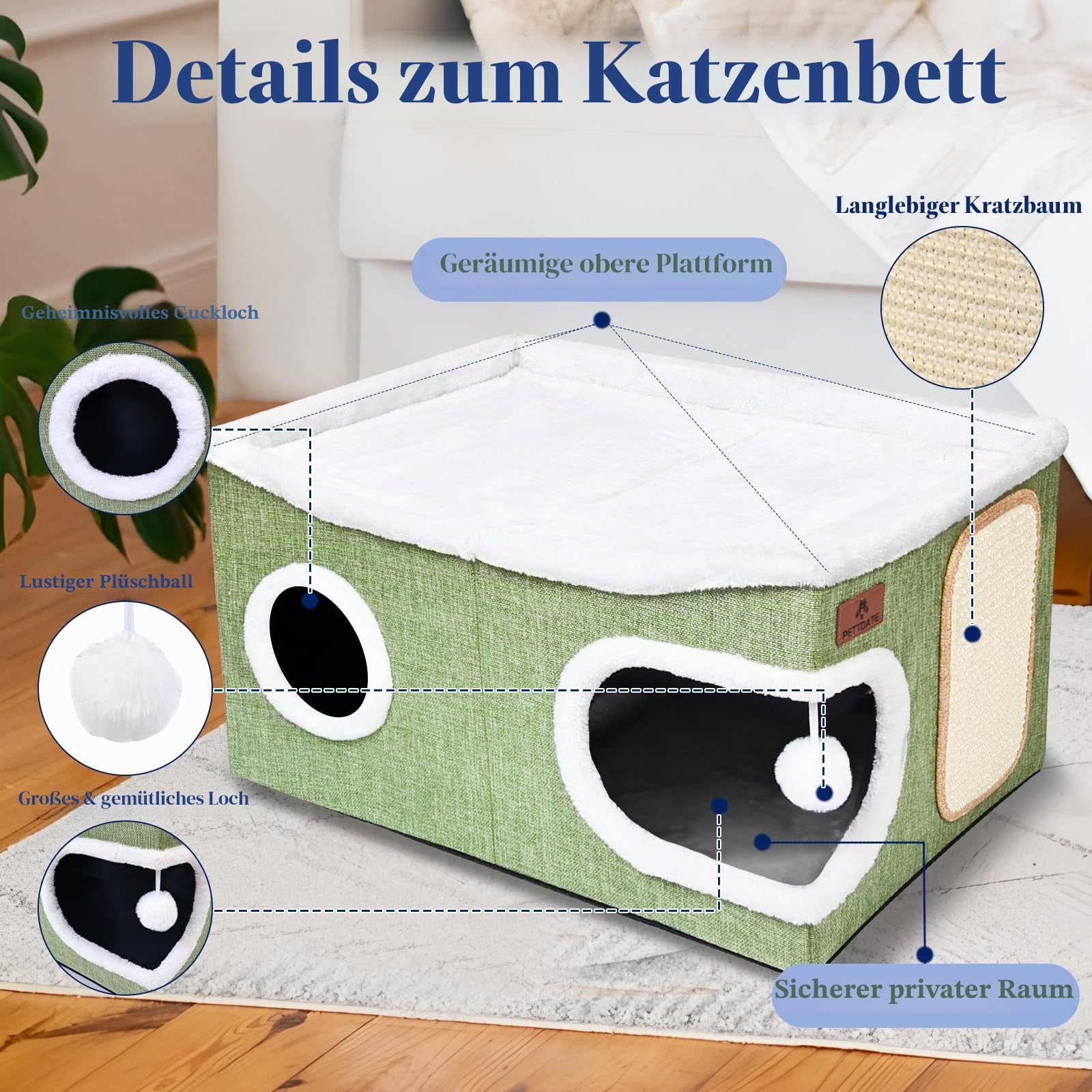 Extra Große Katzenhaus Indoor, 2-stöckige Kuschelhöhle mit Kratzbrett und Spielball, Katzenhöhle für Katzen, Ideal für Mehrere Kleine Haustiere und Große Kätzchen, Grün