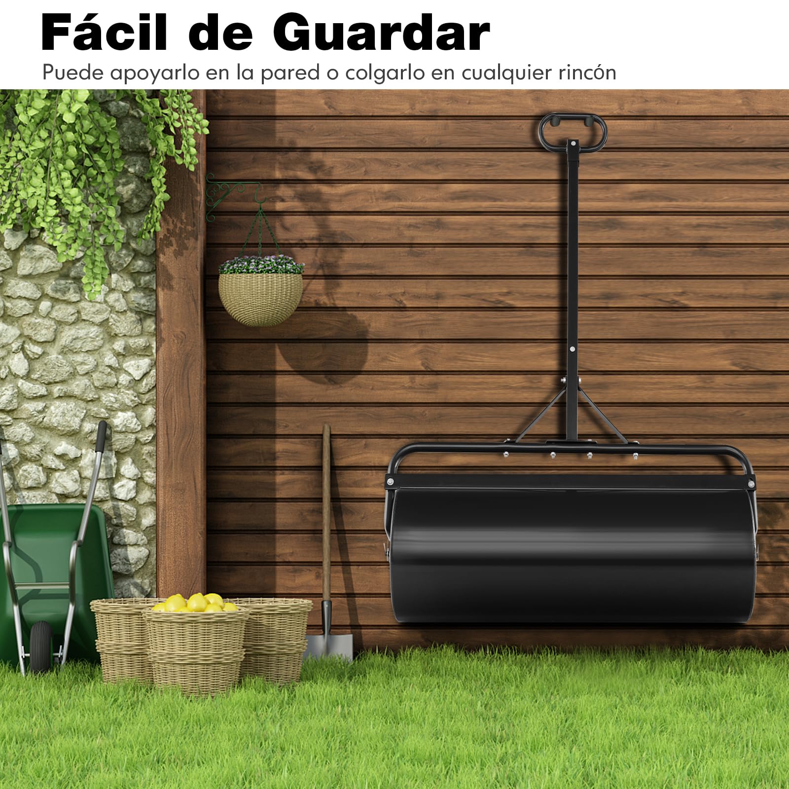 COSTWAY 113L Rodillo de Césped Metálico, Rodillo de Césped para Empujar o Tirar Llenado de Agua o Arena con Mango Desmontable para Jardín, Patio, Parque, Granja (Negro, 146x99x40cm)