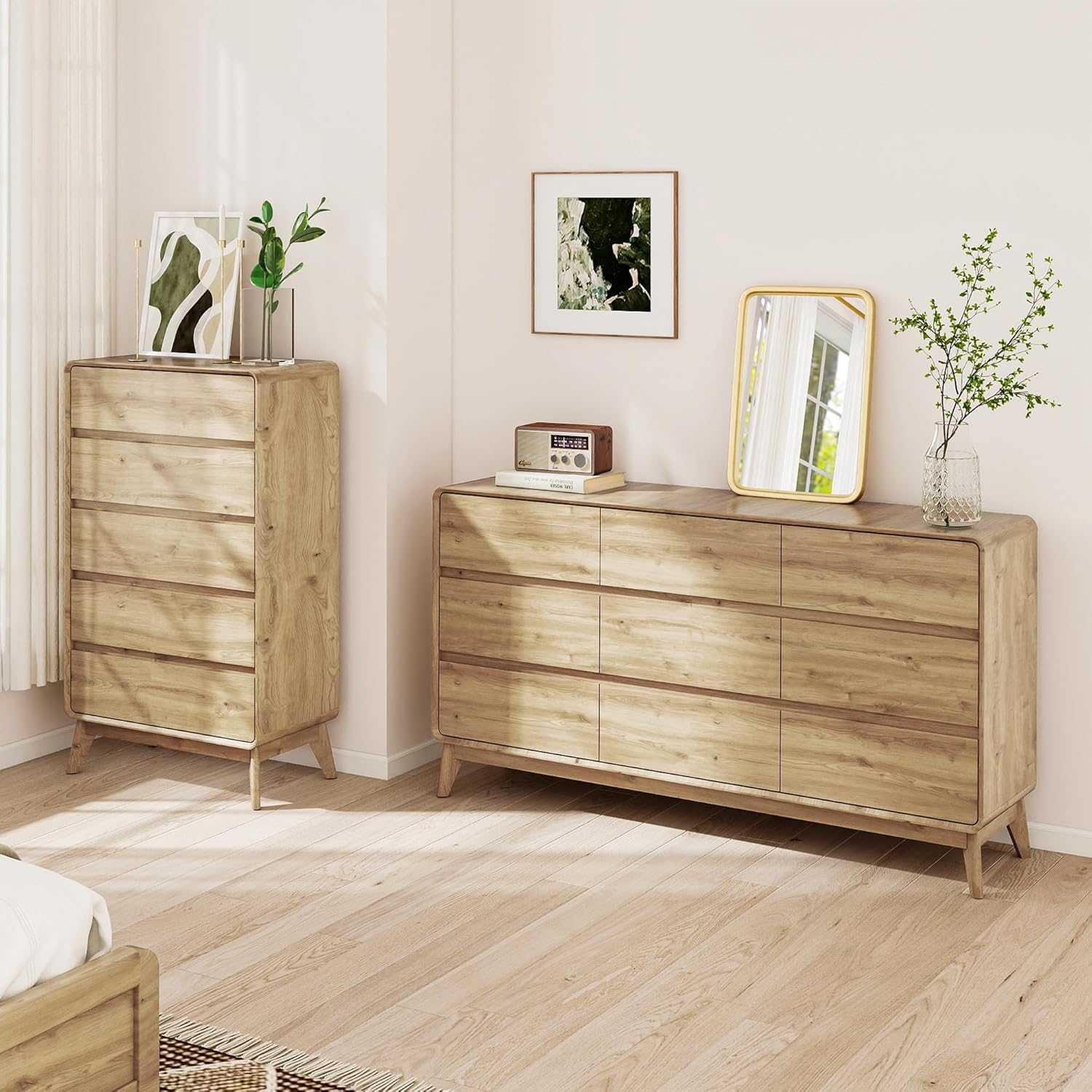 50" Tall Dresser for Bedroom, Vertical Dressers with 5 Drawers and Curved Profile Handleless Design, Chest of Drawers with Natural Texture for Living Room and Entryway,Walnut