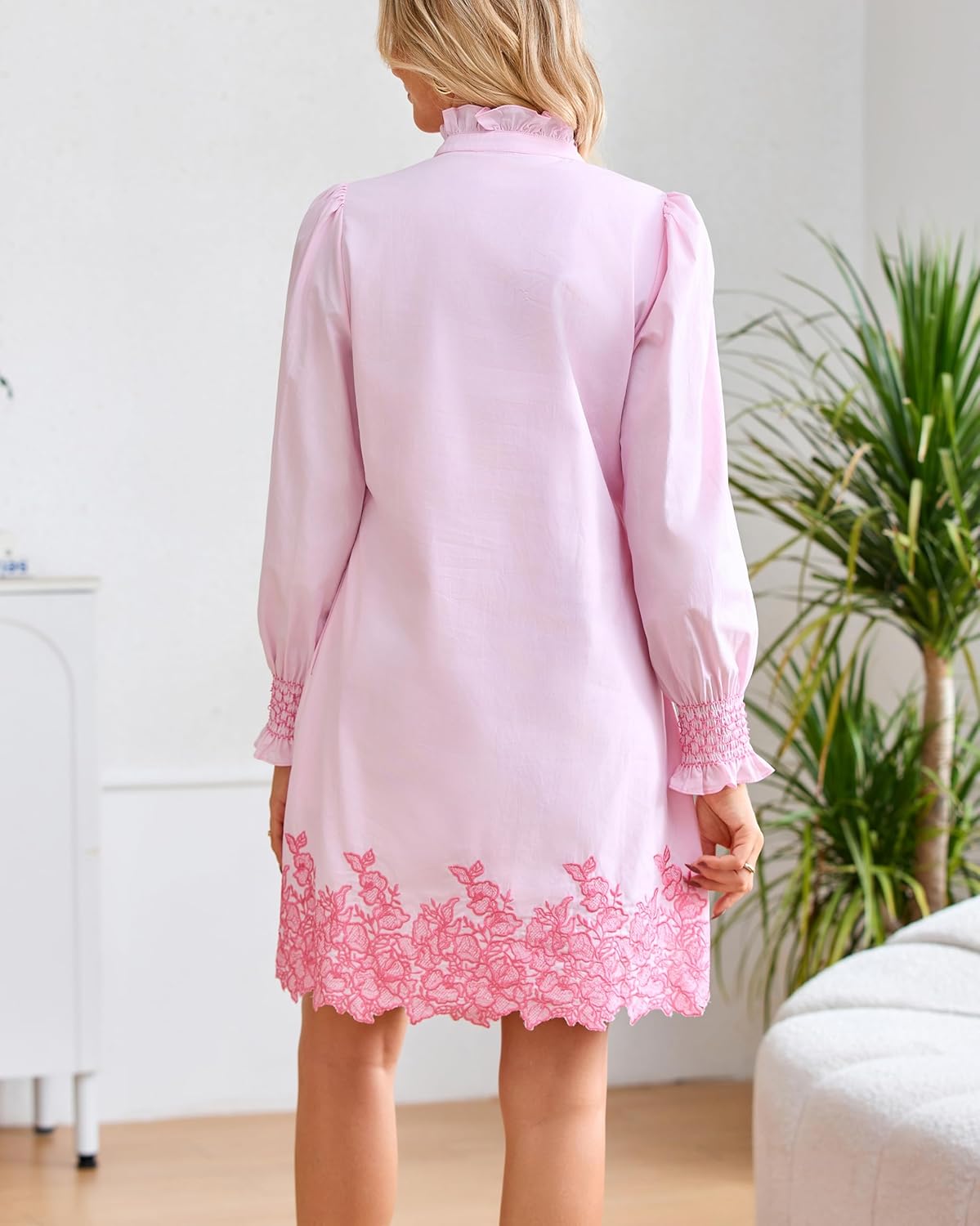 Women's Spring Embroidered Mini Dress Long Puff Sleeve Ruffle Collar Button Front Shift Dress - Image 3