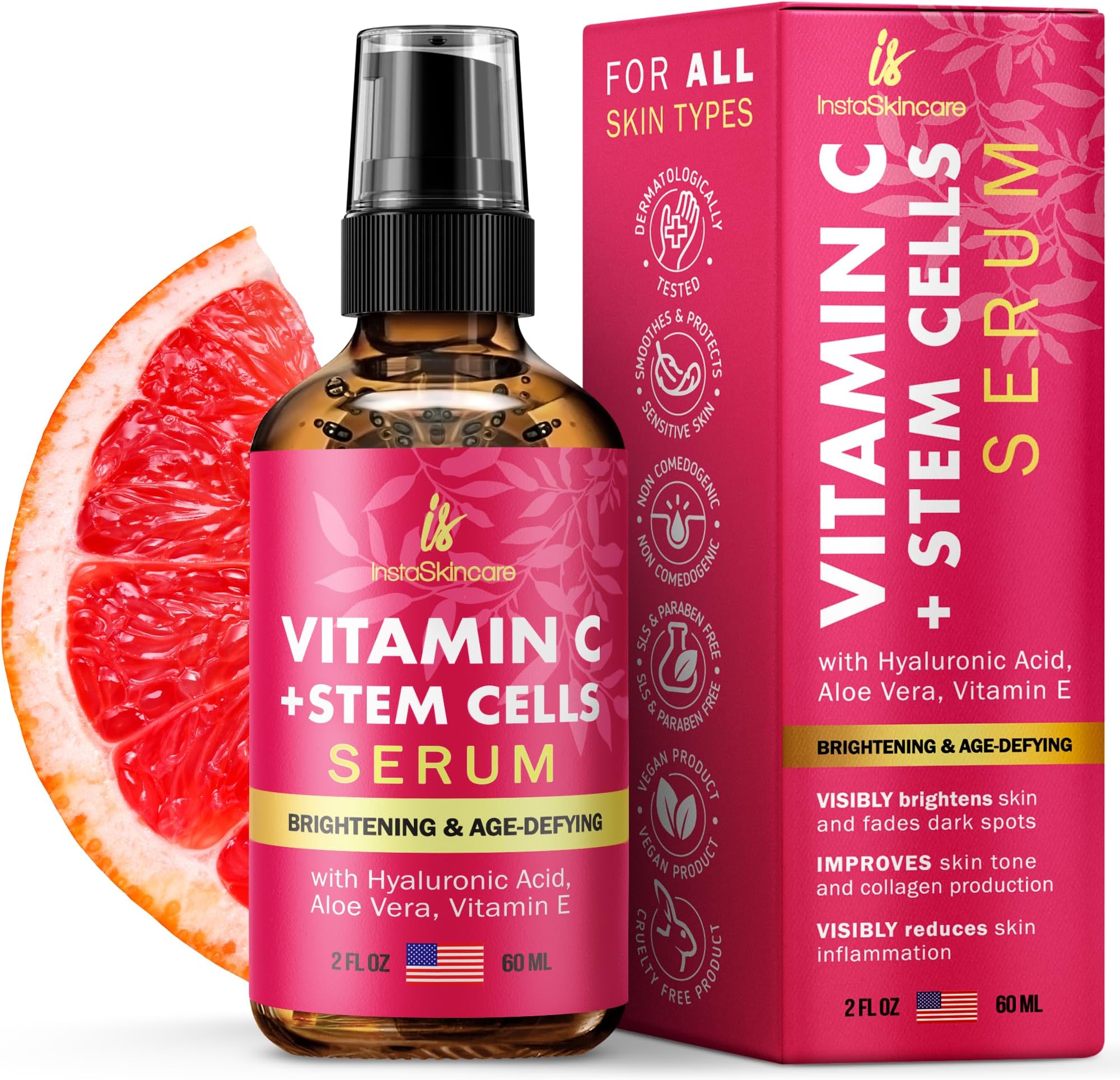 InstaSkincareVitamin C Serum for Face and Eyes with Hyaluronic Acid and Vitamin E - Anti Aging, Even Skin Tone -Pure Vitamin C Serum 2 Oz