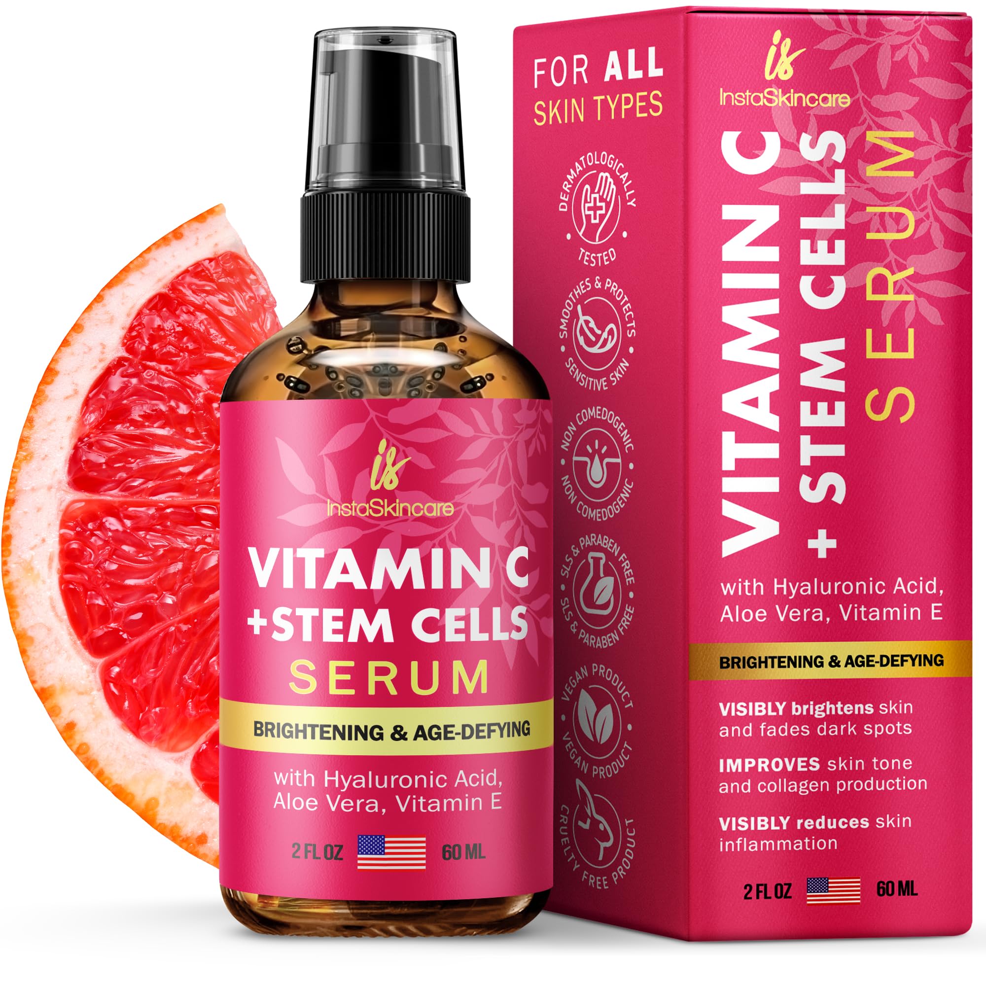 InstaSkincareVitamin C Serum for Face and Eyes with Hyaluronic Acid and Vitamin E - Anti Aging, Even Skin Tone -Pure Vitamin C Serum 2 Oz