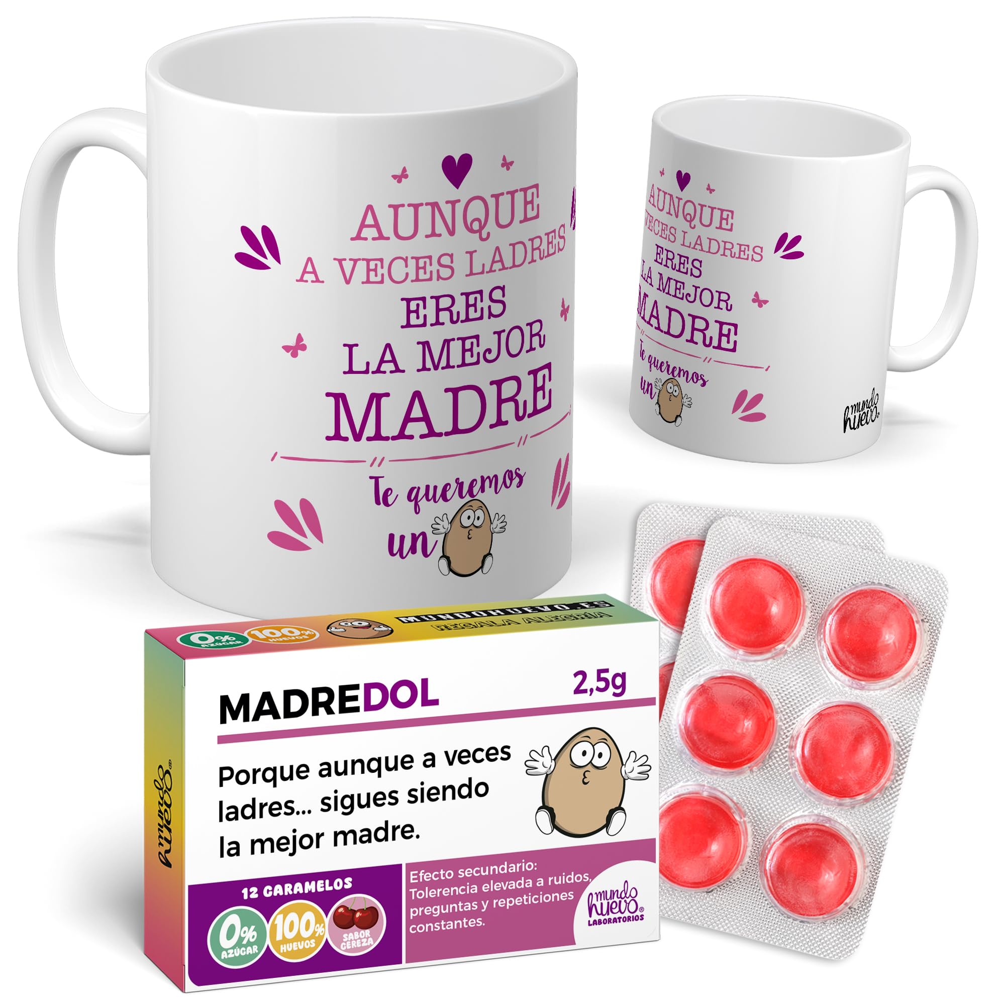 mundohuevo Taza Regalo Mamá | Taza de Cerámica + Caramelo de Mamá | Aunque a Veces ladres Eres el Mejor Padre | Detalle Original para Madres | Regalo Divertido