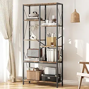 IDEALHOUSE Bookshelf 5 Tier Bookcase Industrial Storage Shelf Vintage Display Rack with Open Shelves Rustic Standing Bookshelves Metal Frame Display Rack for Living Room, Bedroom, Rustic Brown