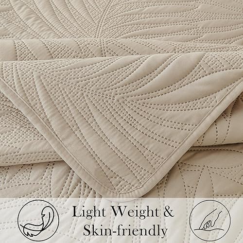 Miniatura 7 de Cmfshape Juego de edredón ligero de verano, colcha fina y suave de 3 piezas, juego de ropa de cama King con patrones de hojas de plátano