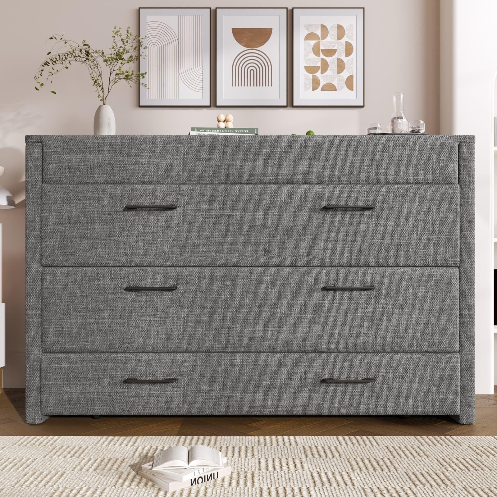 KOMHTOM Lit Escamotable en Lin avec Ports USB et Type-C, Lit Plateforme Convertible avec Tiroirs de Rangement(sans Matelas)(140 x 200 Gris)