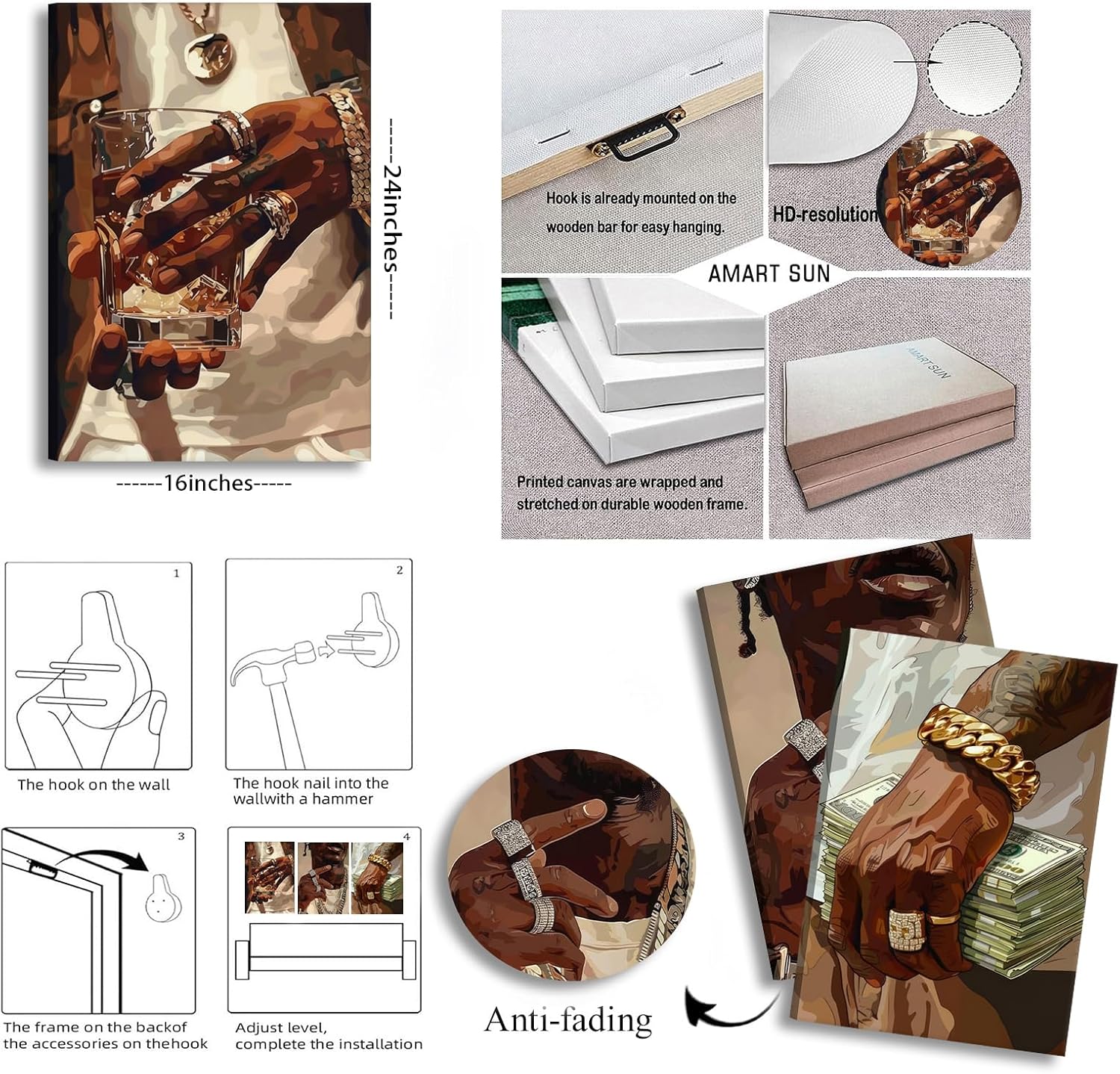 3Pcs Fashion African American Black Man Canvas Wall Art Modern Money Poster Print Pictures Hip-hop Aesthetics Luxury Street Wall Decor Artwork for Teen Boy Room DJ Studio Home Decoration 16x24in - Image 7