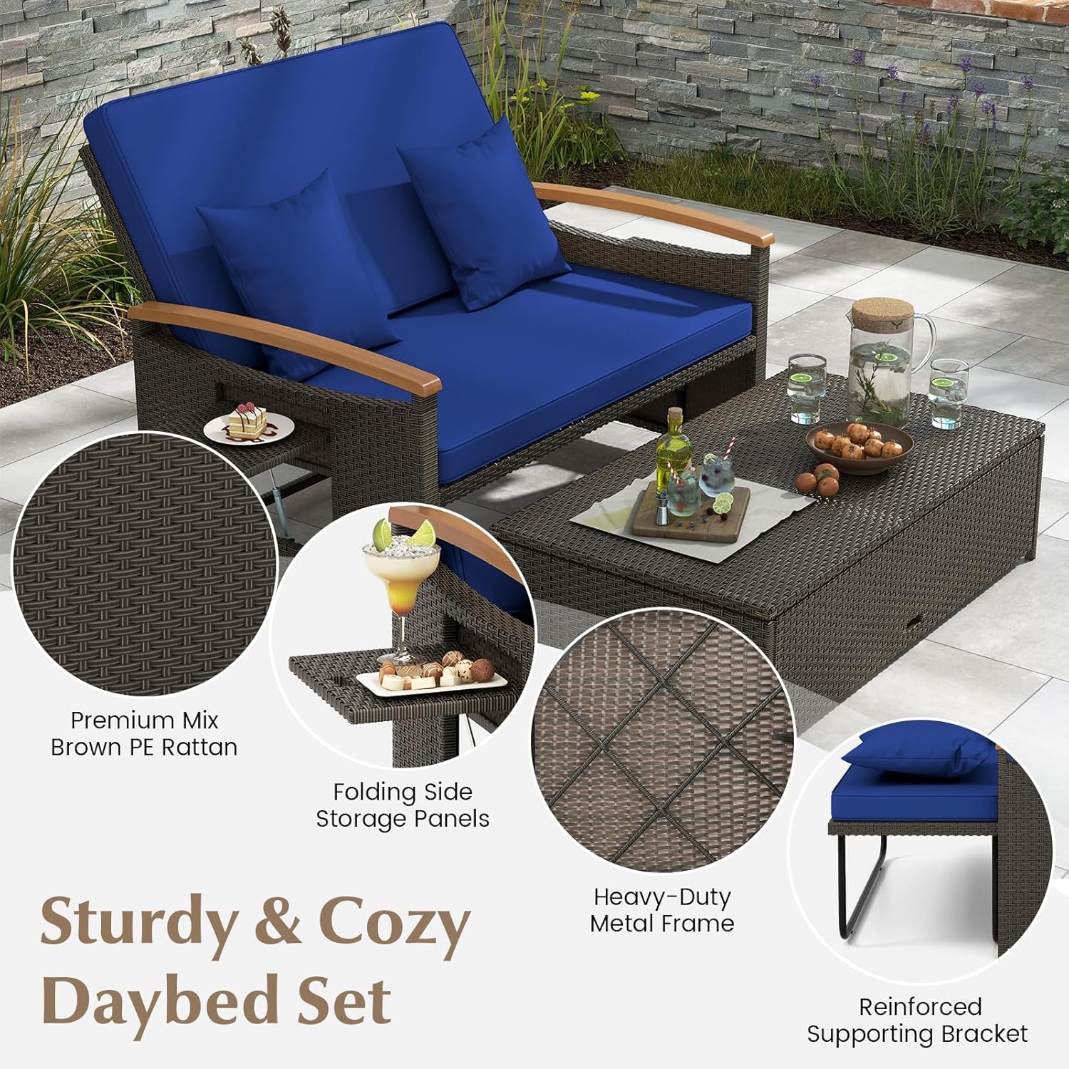 Close-up images of the premium mix brown PE rattan, folding side storage panels, heavy-duty metal frame, and reinforced supporting bracket.