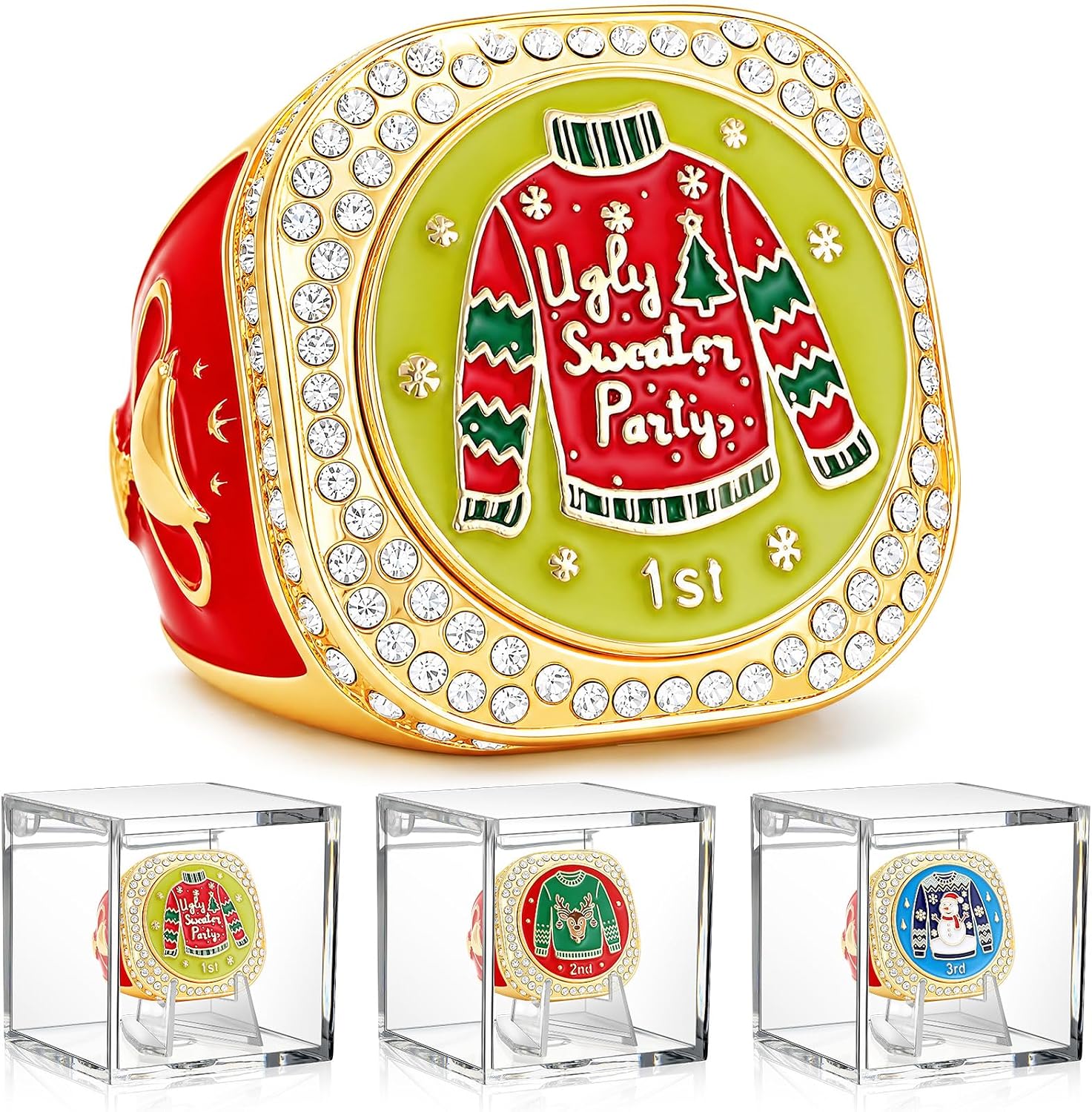 Tondiamo 3 Sets Halloween & Christmas Themed Championship Trophy Ring 1st, 2nd, 3rd with Display Case and Stand Holder, Holiday Party Trophies Medals Gift for Award Ceremony Decorations