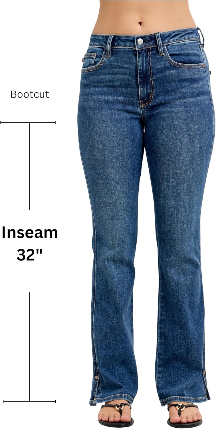 Judy Blue Mid Rise Bootcut Jeans with Side Slit and Cell Phone Pocket, Inseam 32" Blue.