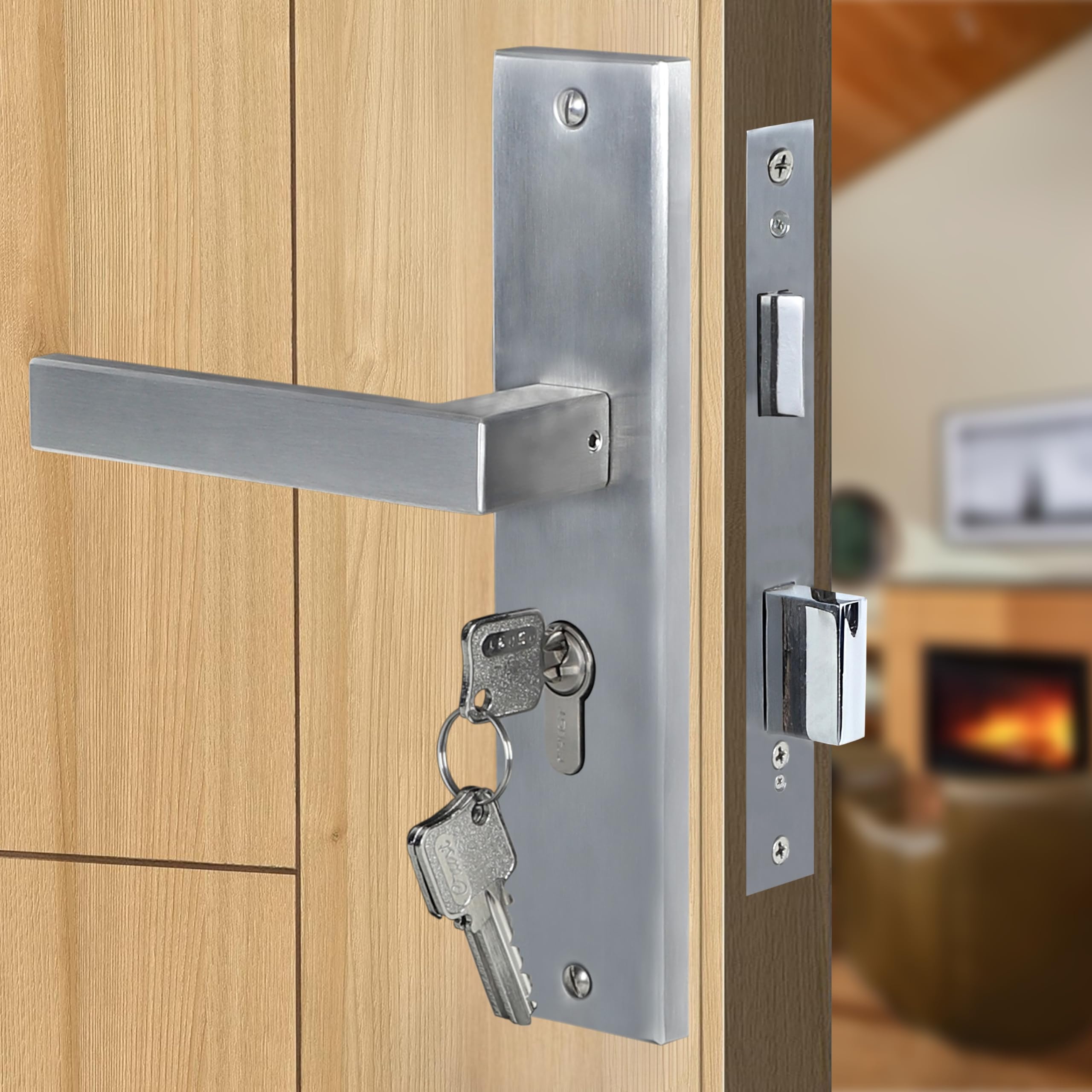 Blue Space Premium 8" Cylindrical Plate Mortise Door Lock Handle Set/Mortise Lock with Brass Lock Body and One Side Key 60mm Brass Cylinder Set with 3 Brass Computer Keys (LB301, Matt Satin)