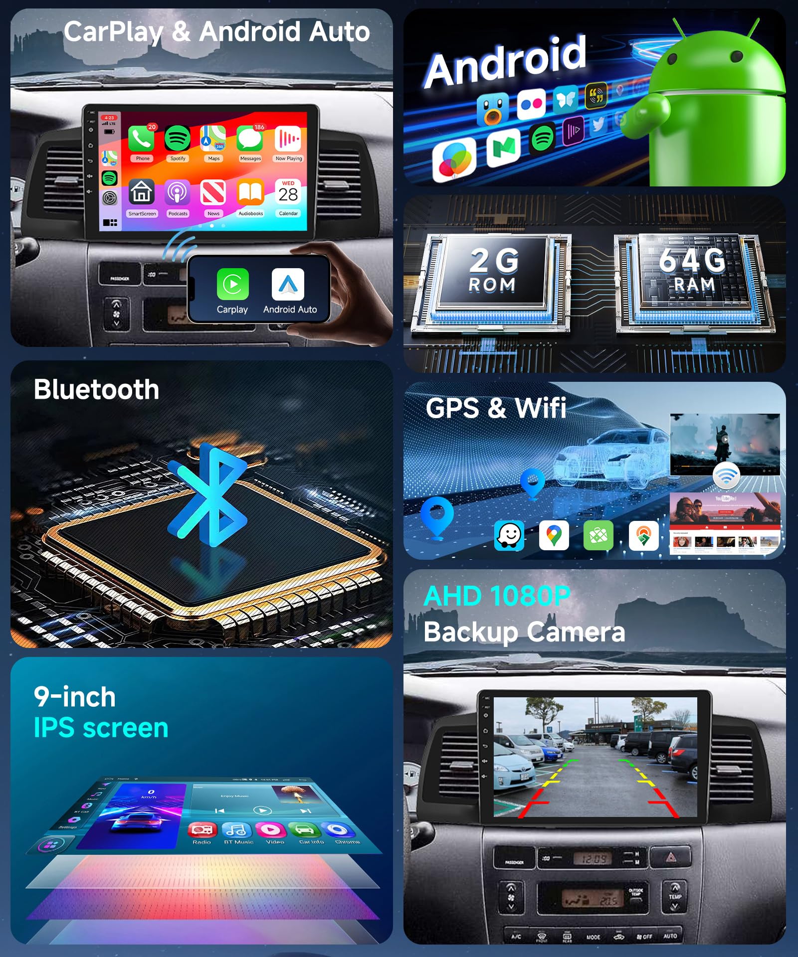 ?HiFi 2G 64G? Radio for 2005-2012 Toyota Corolla EX-L Car Stereo with Wireless Carplay Android Auto MirrorLink,9'' 1080P Touch Screen Bluetooth WiFi GPS HiFi Audio OBD2 FM/RDS Backup Camera