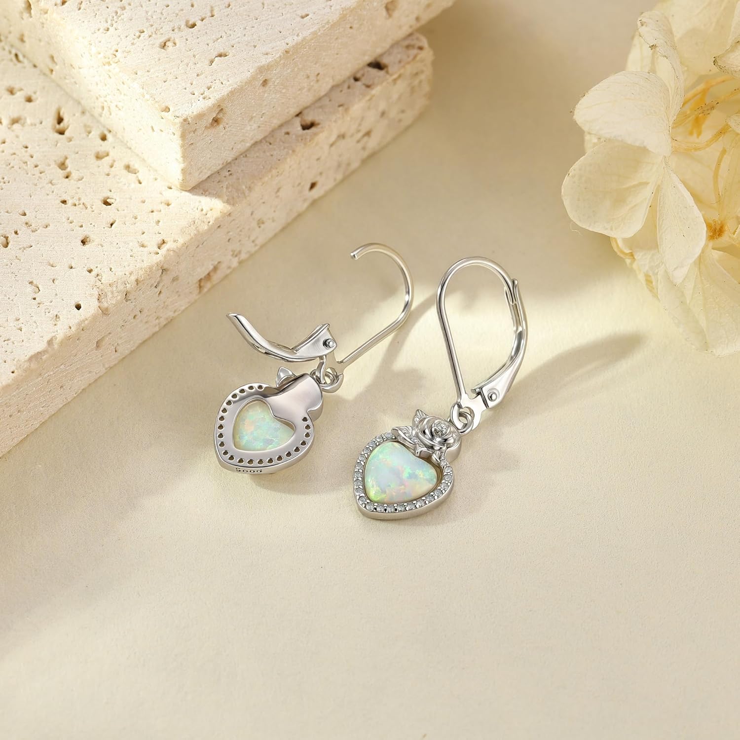 SNOWELLE Opal Heart Earrings 925 Sterling Silver Rose Heart Dangle Drop Earrings Opal Jewelry Gifts for Women - Image 3