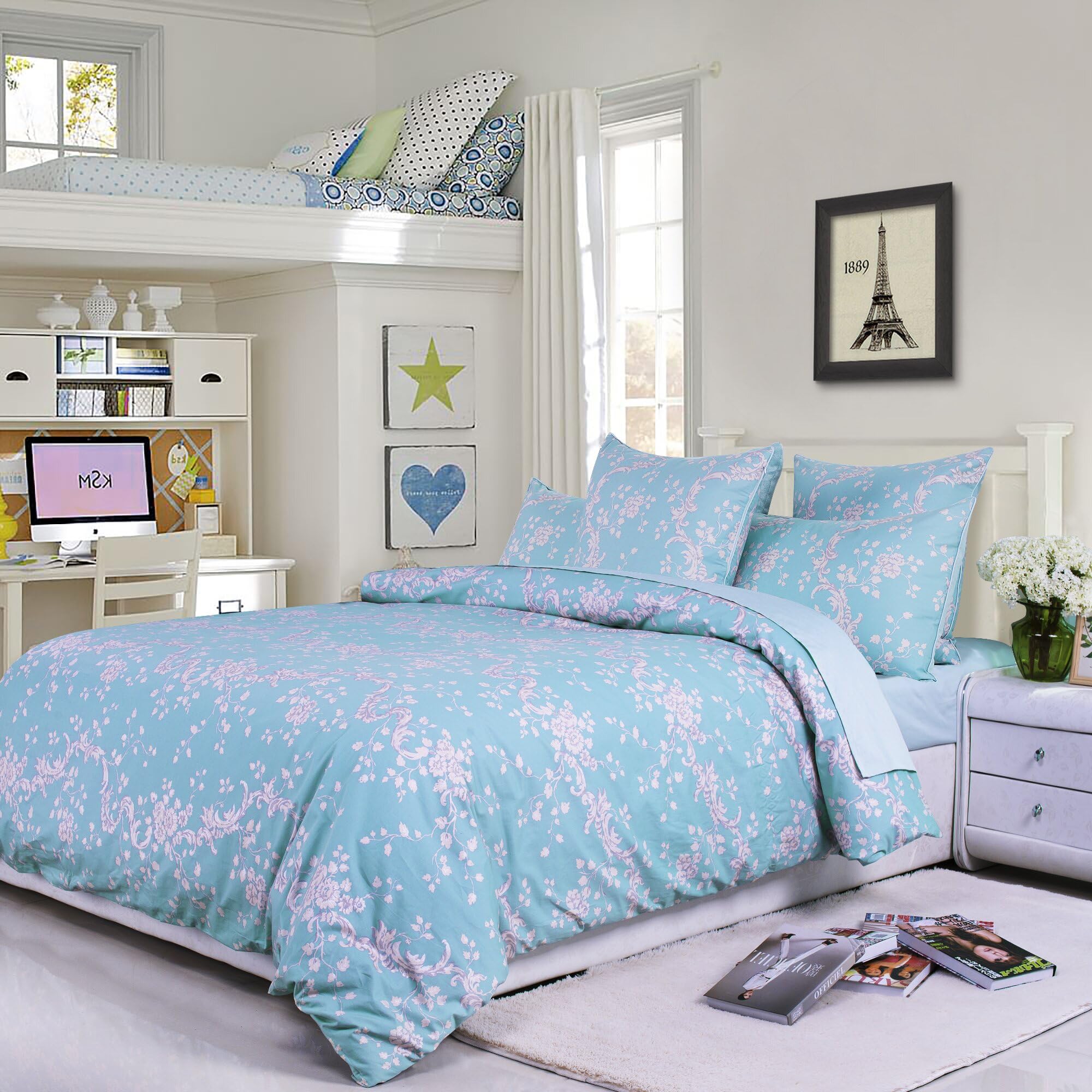 USTIDE Cotton Duvet Cover Set 3-Piece Shabby Blue Botanical Farmhouse Bedding French Country Bed Cover with 2 Matching Pillowcases,Super King