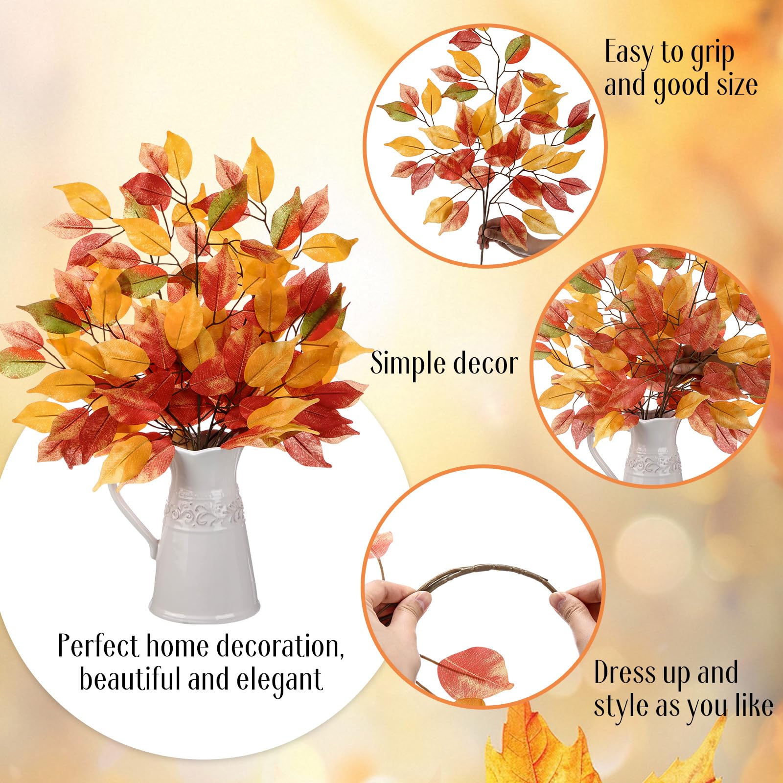 30 rami artificiali di foglie autunnali, 60 cm, foglie di ficus, rami di albero, steli artificiali, pianta autunnale per matrimoni, autunno, Ringraziamento, casa, fattoria, centrotavola