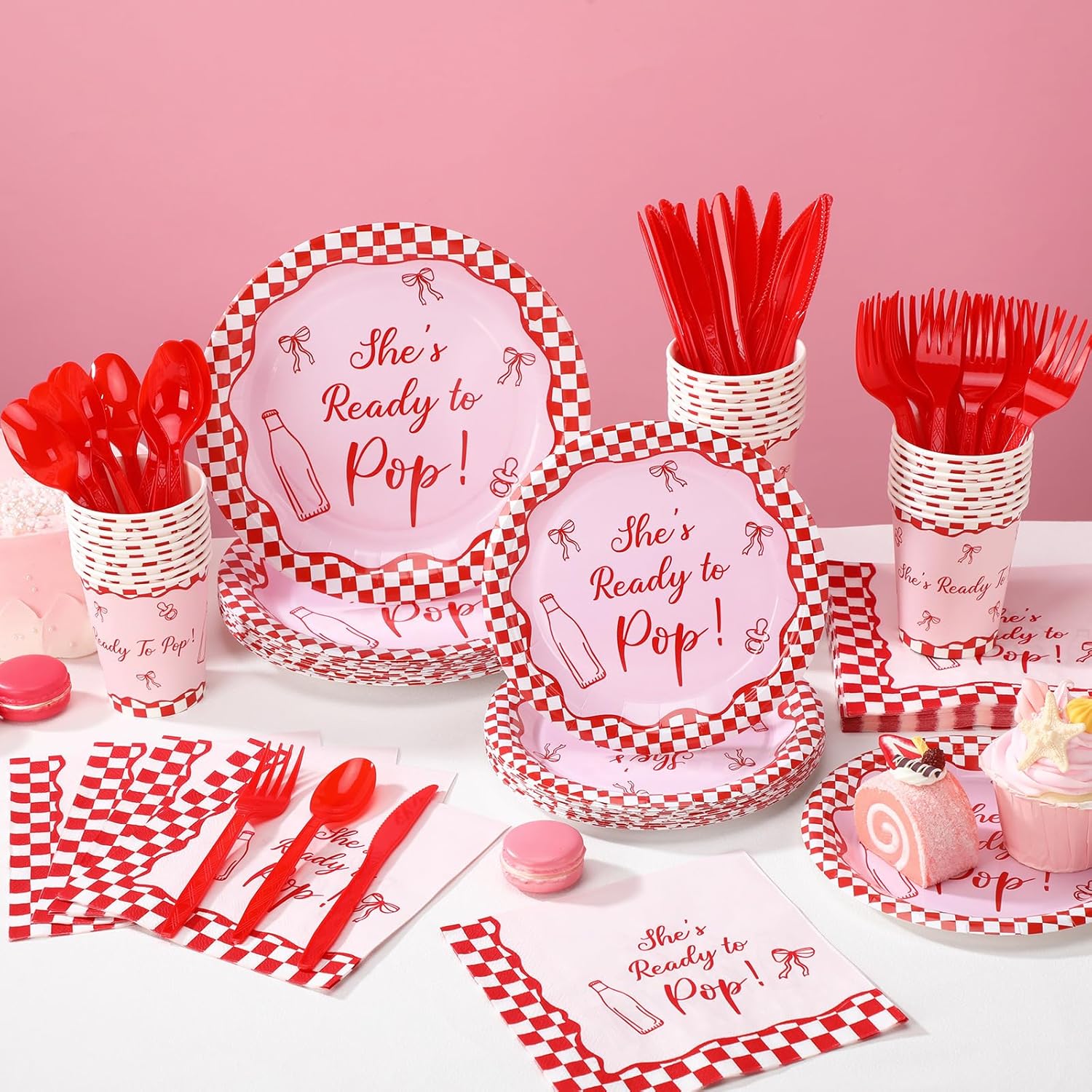 Hushee 175 Pcs She's Ready to Pop Baby Shower Decorations Baby Shower Plates and Napkins Red and White Tableware for Guest Serve 25 Gender Reveal Newborn Party