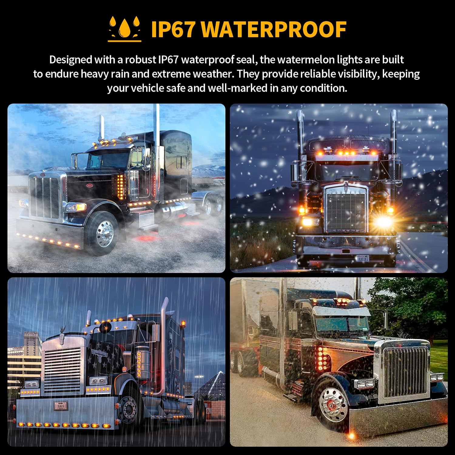 2PCS Multi-function Watermelon Lights - 17 LED Clear Lens with Stainless Steel Bezel Stop Turn Signal Marker Lights Side Light for Freightliner Kenworth Peterbilt Trailer Heavy Trucks (Amber+Purple)