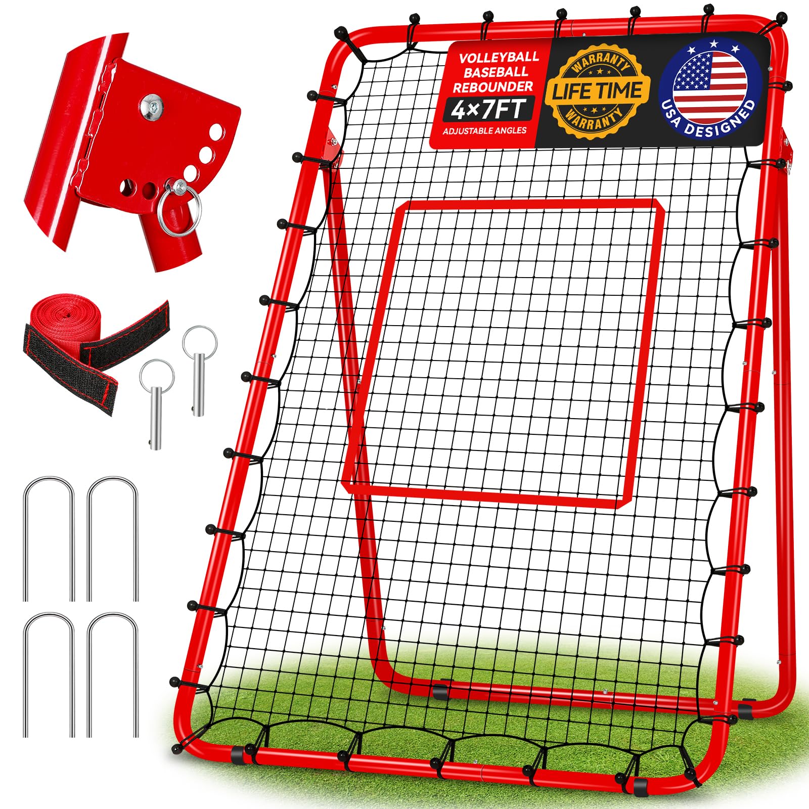 Volleyball Net 4x7ft Bounce Back Net with 5 Adjustable Angles, Anti-UV Easy Storage Baseball Fielding Trainer with 4 Stakes, Football Softball Baseball Pitch Back Rebounder with 4 Anti-Skid Parts