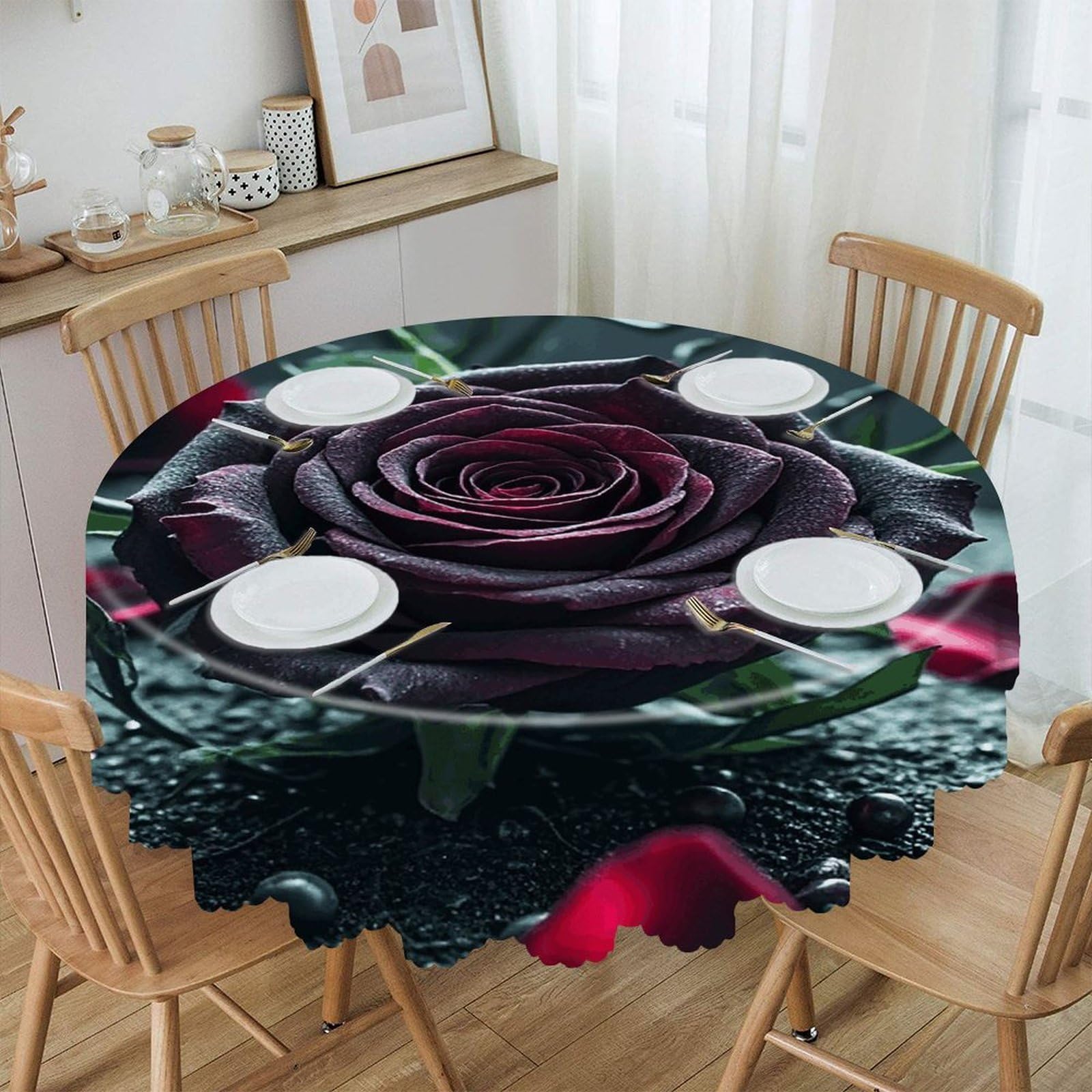 VstaDank Rose Round Tablecloth Wipeable Round Polyester Tablecloth Waterproof Wrinkle Free Indoor and Outdoor Table Cover 60 Inch Decorative Farmhouse Table Cloth for Dining