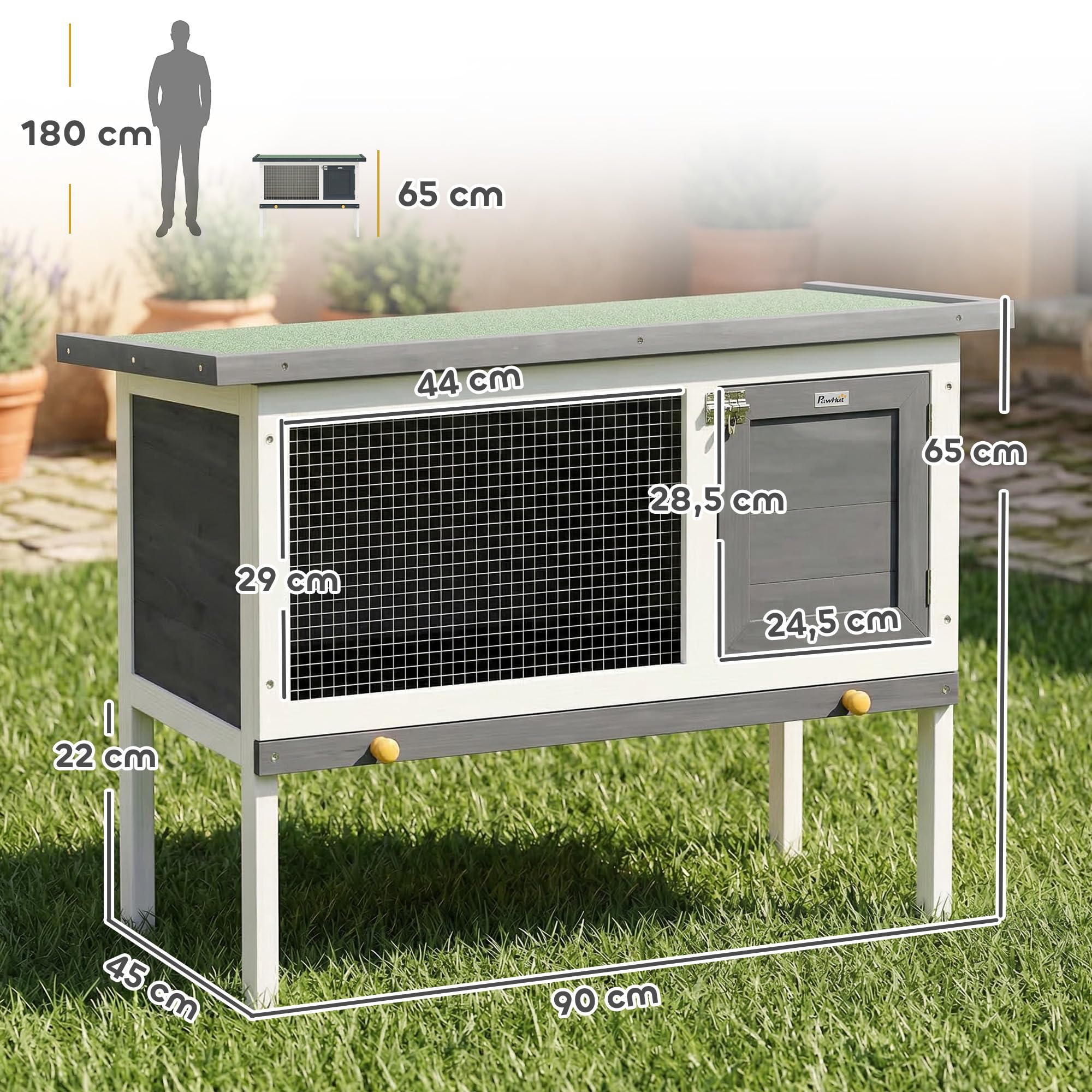 PawHut Hasenstall Kaninchenstall aus Holz 90x45x65 cm erhöhter Kaninchenkäfig mit aufklappbar Bitumendach, herausziehbarer Schublade, Tür, Metallgitter, Hasenkäfig für Kleintiere Outdoor Grau