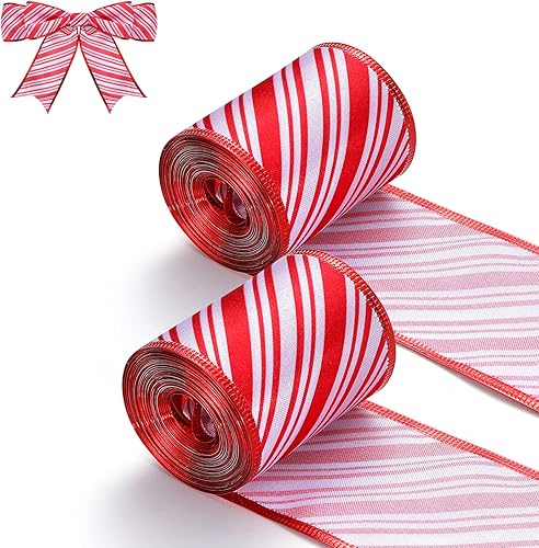 2 rollos de cinta con alambre a rayas rojas y blancas para envolver regalos, manualidades, árbol de Navidad, coronas, decoraciones de lazo, 2-12