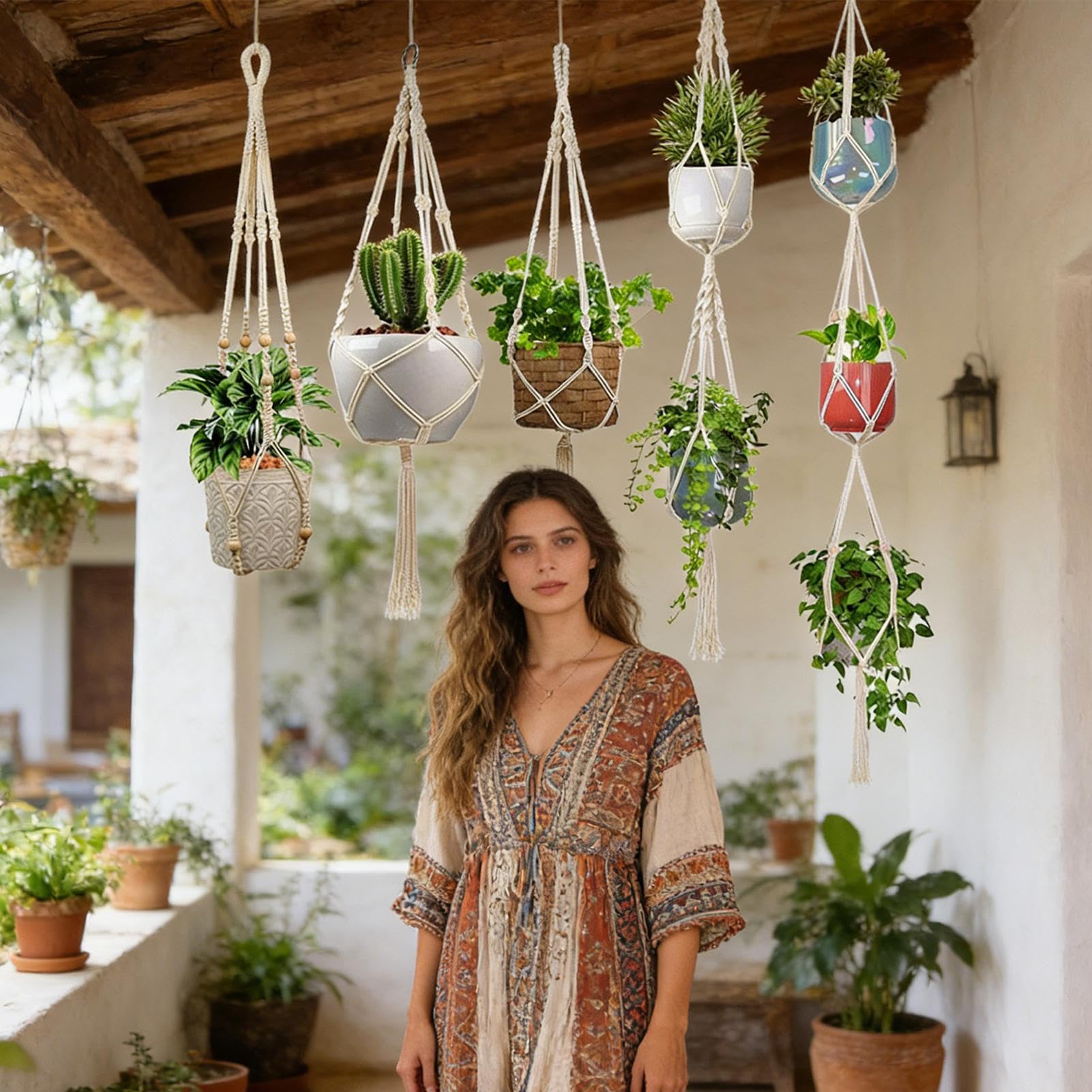 Portavasi Appesi in Macramè Set Di 5 In Stile Boho | Portavasi Per Vasi Da Fiori Da Interno Per Piante Grasse Da Appendere A Soffitto Parete Balcone Camera Da