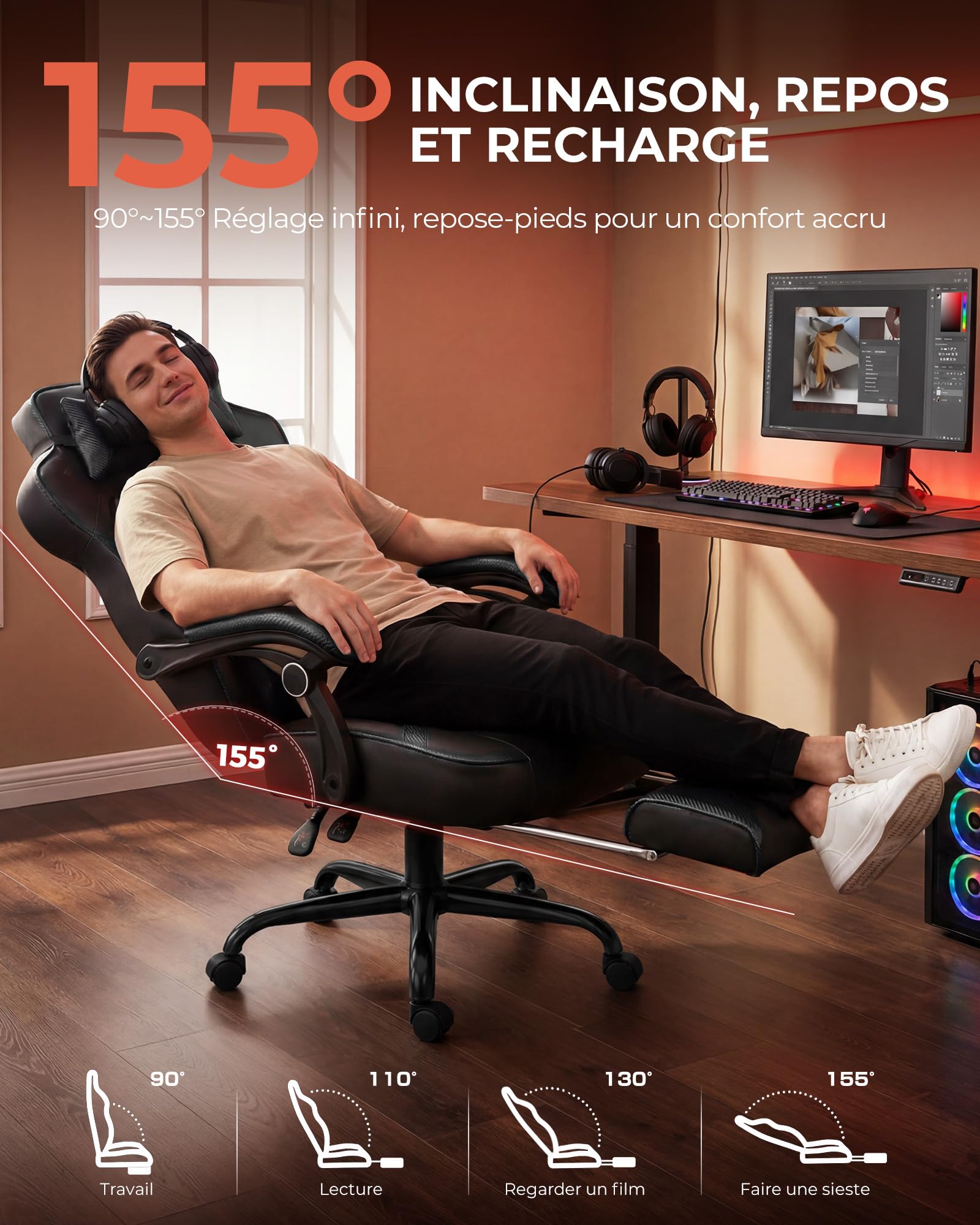 GTPLAYER Chaise Gaming avec Repose-Pieds, Chaise Bureau Ergonomique 180 kg, Fauteuil de Bureau avec Support Lombaire et Appui-tête, Hauteur Réglable, Dossier Réglable 155°, pour Bureau et Jeu, Noir