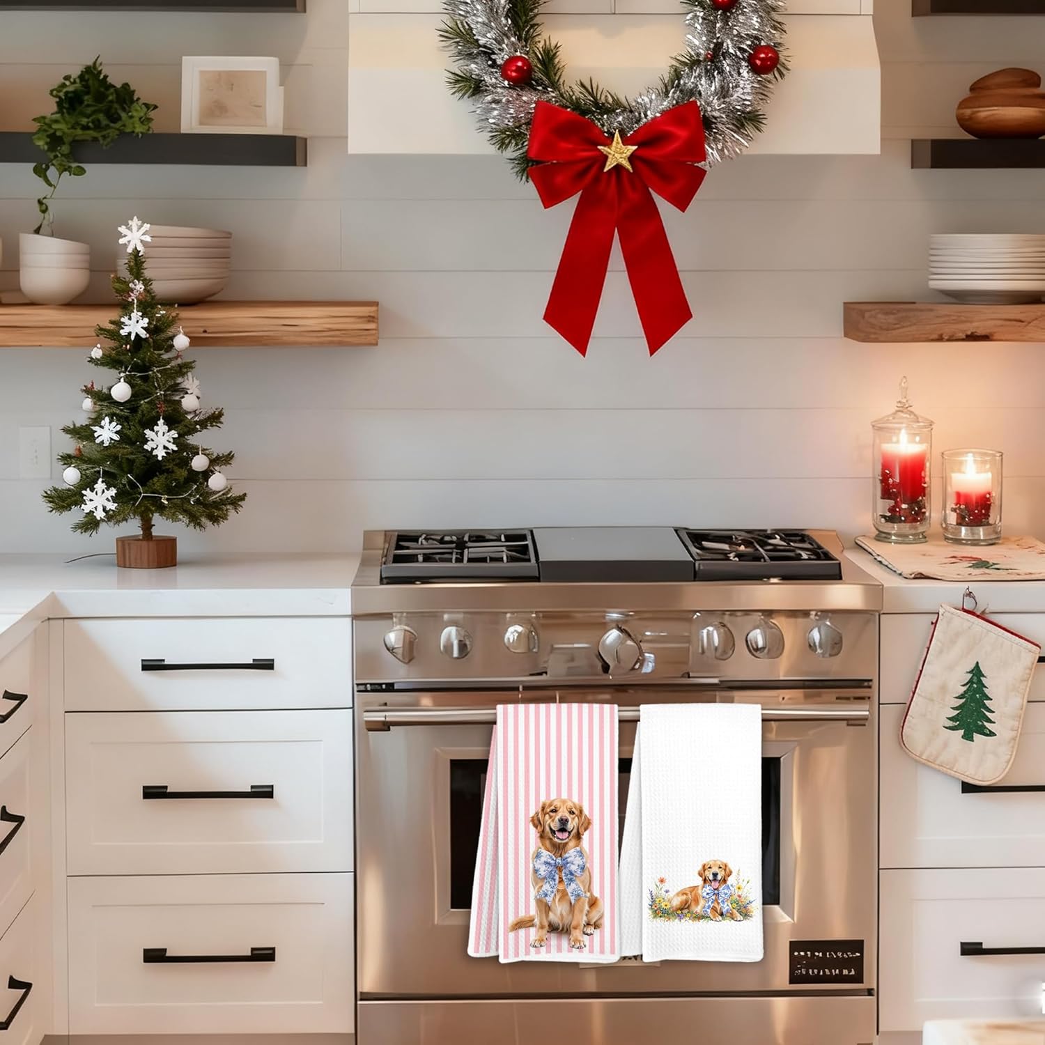 Golden Retriever Gifts Kitchen Towels, Pink and White Chinoiserie Bow Golden Retriever Dish Tea Towels, Grandmillennial Floral Dog Decorative Hand Towel for Bathroom, 16x24 Inch Set of 2 - Image 2