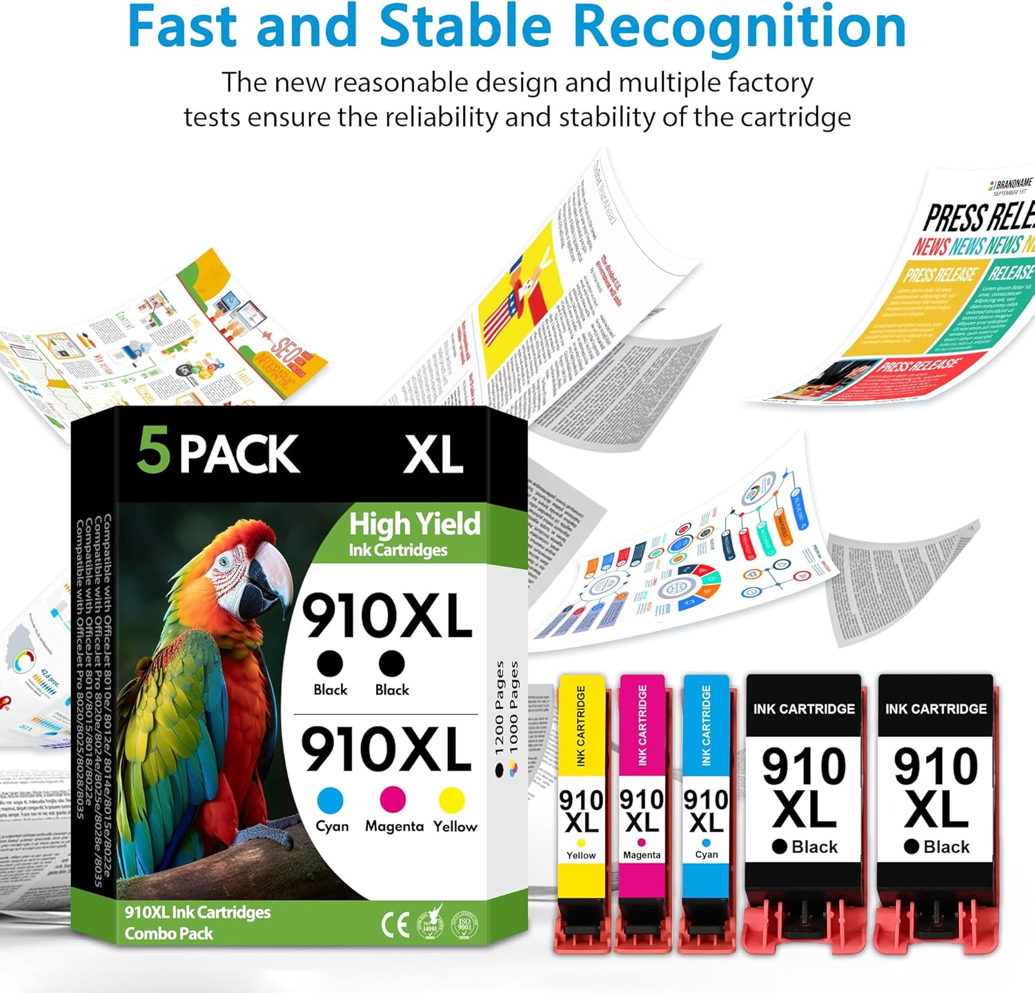 910XL 910 Ink Cartridges 5 Pack High Yield BK/C/M/Y, Replacement for HP 910 XL, Compatible with HP OfficeJet 8010 8010e 8012e Pro 8015 8020 8025e 8028e Printers